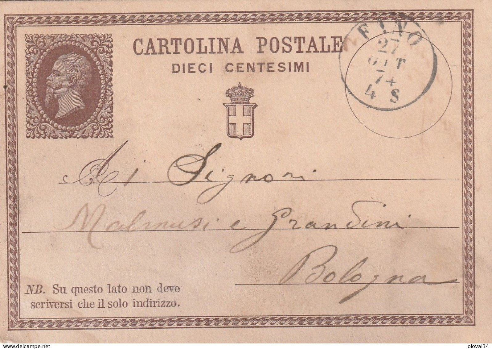 Italie Entier Postal FANO 27/10/1874 Pour Bologna - Entiers Postaux