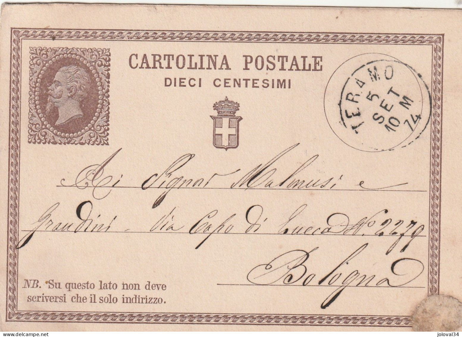 Italie Entier Postal TERAMO 5/9//1874 Pour Bologna - Interi Postali