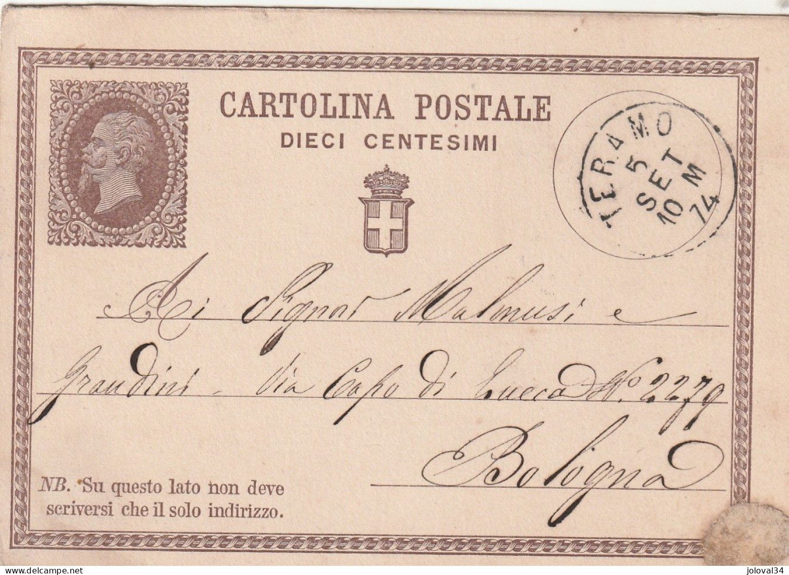 Italie Entier Postal TERAMO 5/9//1874 Pour Bologna - Stamped Stationery