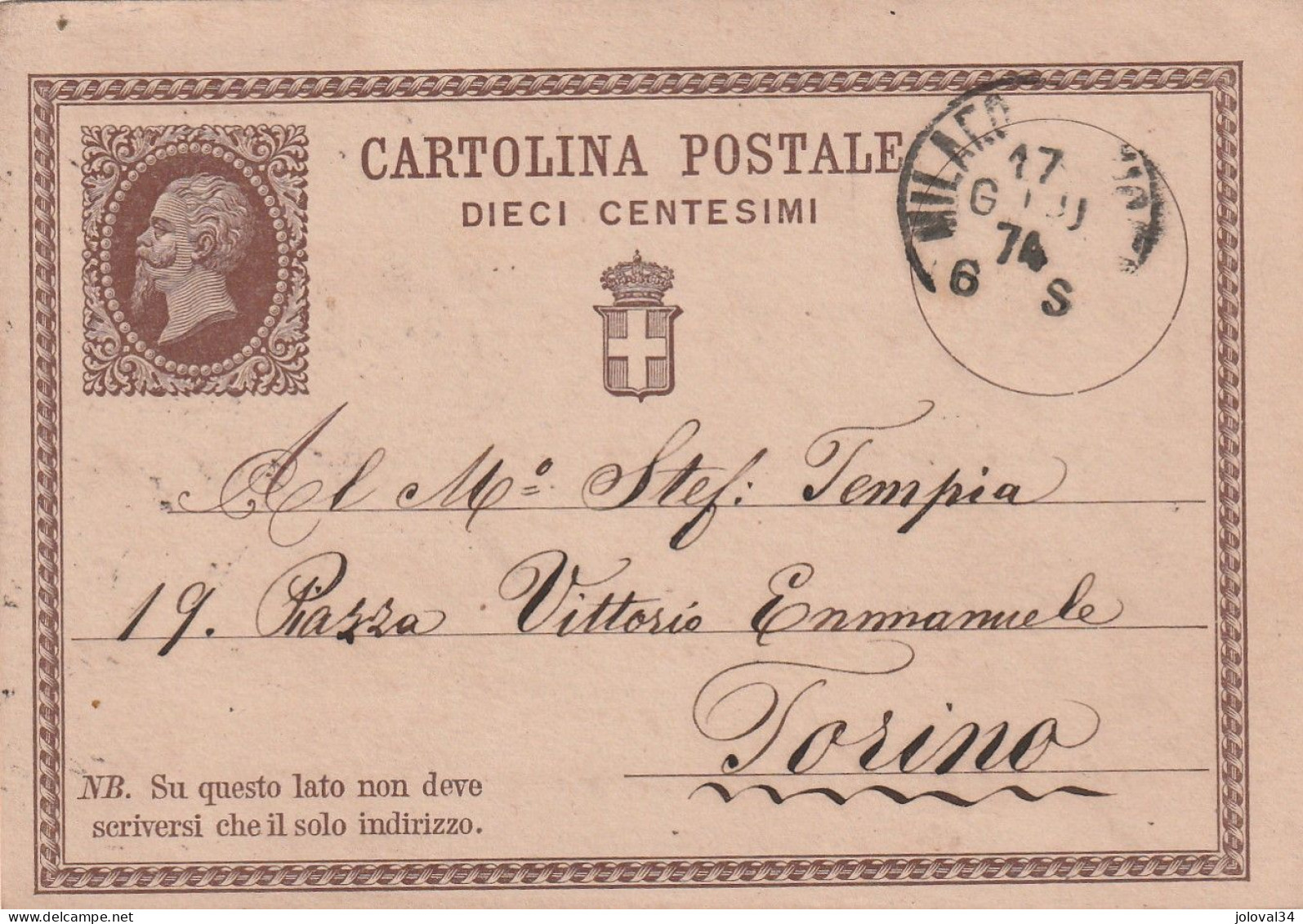 Italie Entier Postal MILANO 17/6//1874 Pour Bologna - Stamped Stationery