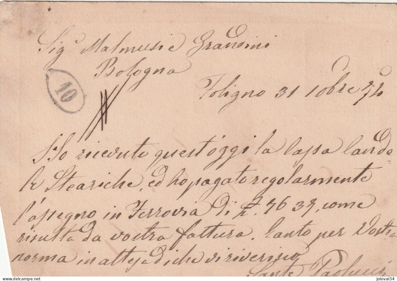 Italie Entier Postal FOLIGNO 31/10//1874 Pour Bologna - Coupé - Entiers Postaux