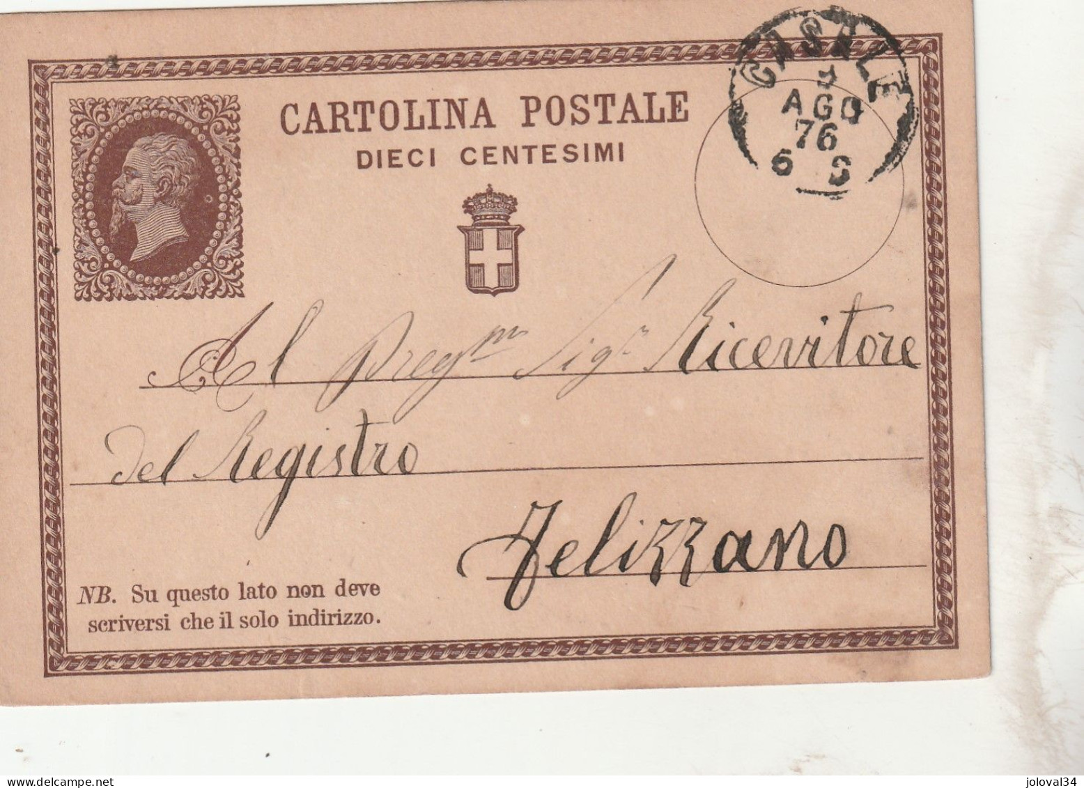 Italie Entier Postal CASALE 8/8/1876 Pour Telizzano - Stamped Stationery