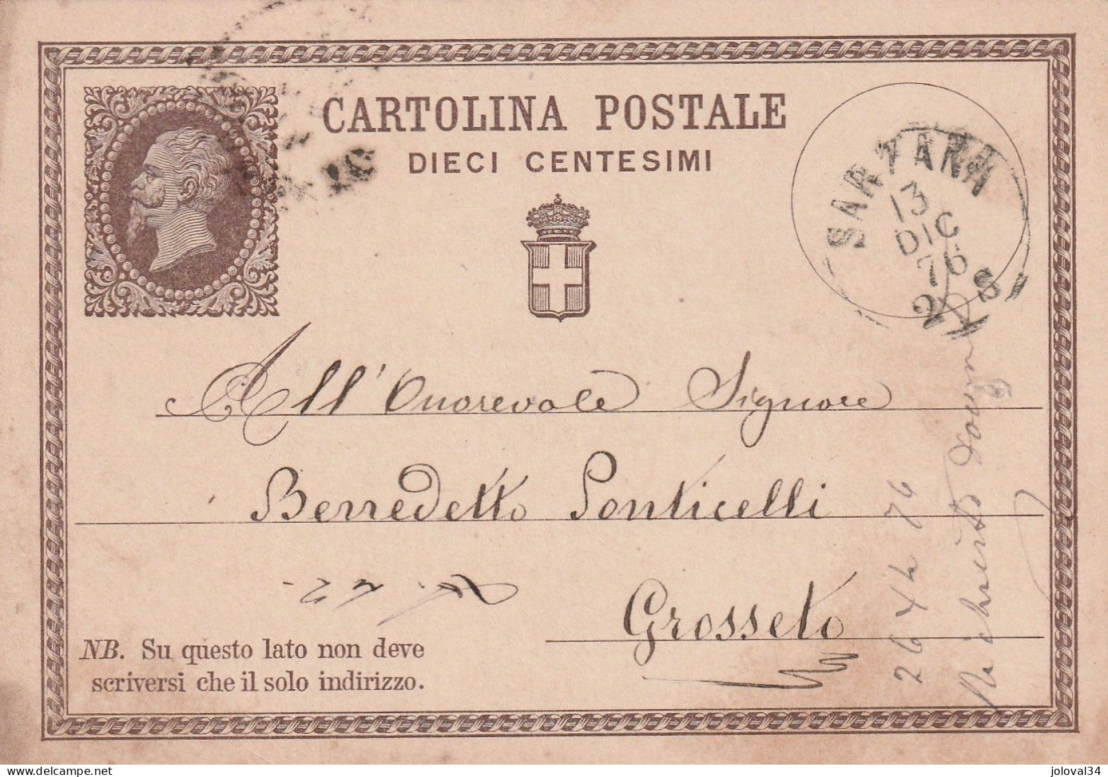 Italie Entier Postal SARZANA 13/12/1876 Pour Grosseto - Postwaardestukken