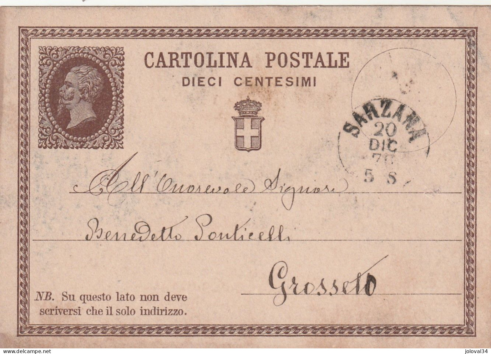 Italie Entier Postal SARZANA  20/12/1876 Pour Grosseto - Stamped Stationery