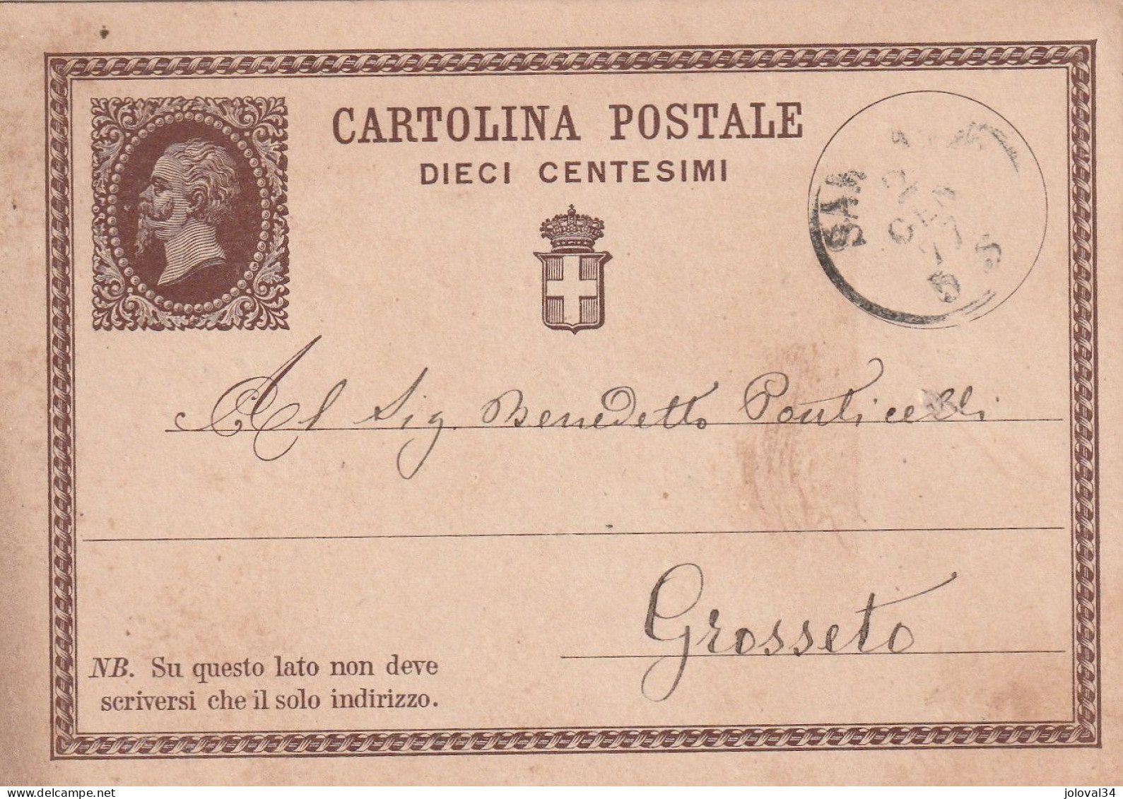 Italie Entier Postal SARZANA  2/1/1877  Pour Grosseto - Stamped Stationery