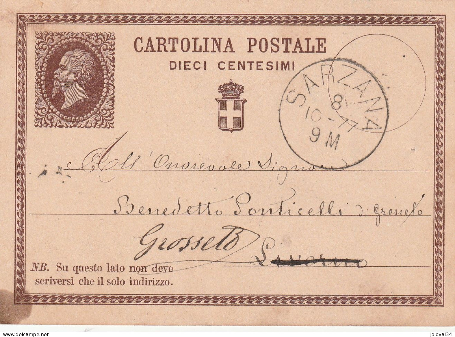 Italie Entier Postal SARZANA  8/10/1877  Pour Grosseto - Entiers Postaux