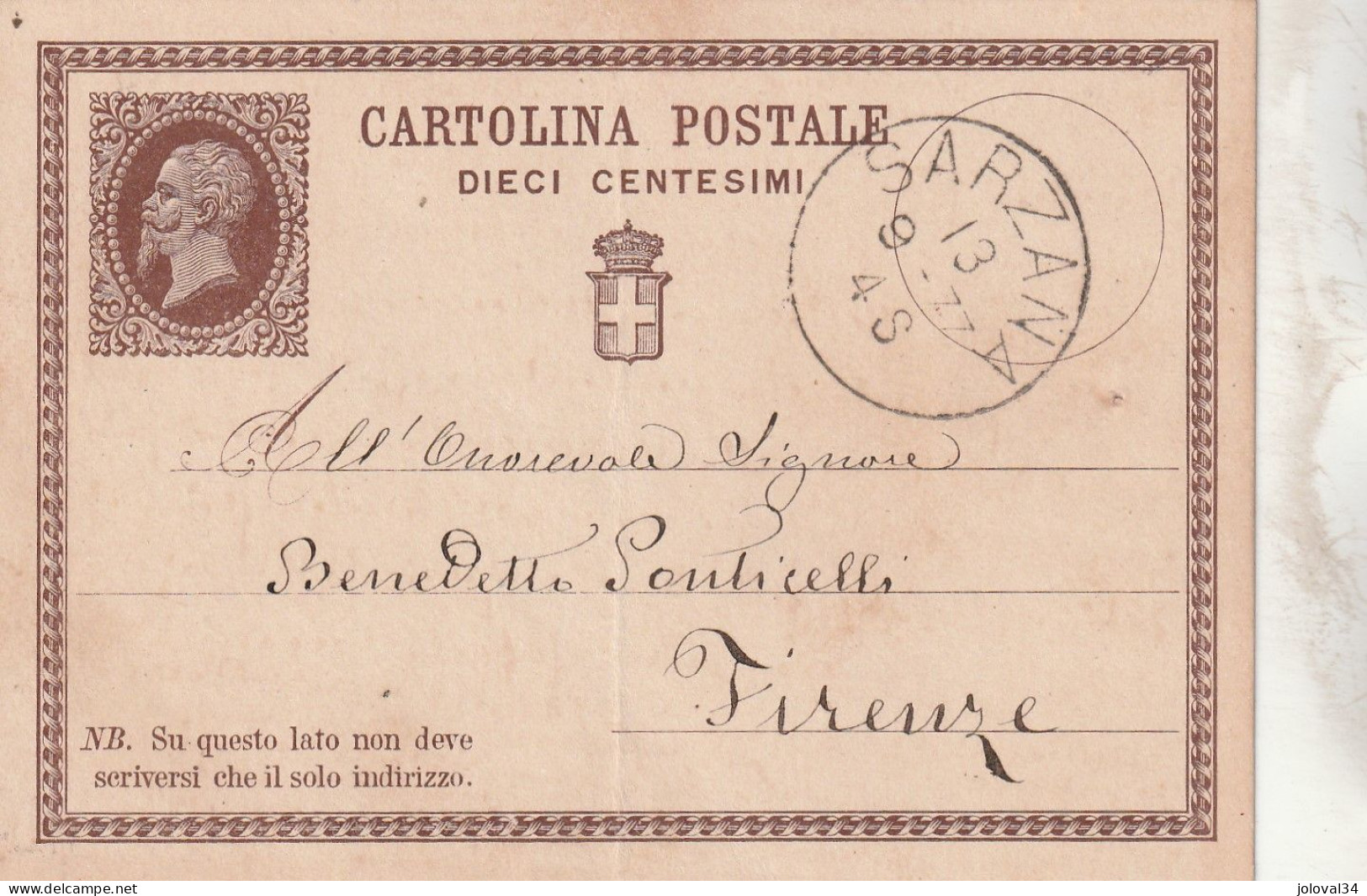 Italie Entier Postal SARZANA  13/9/1877  Pour Firenze - Entero Postal