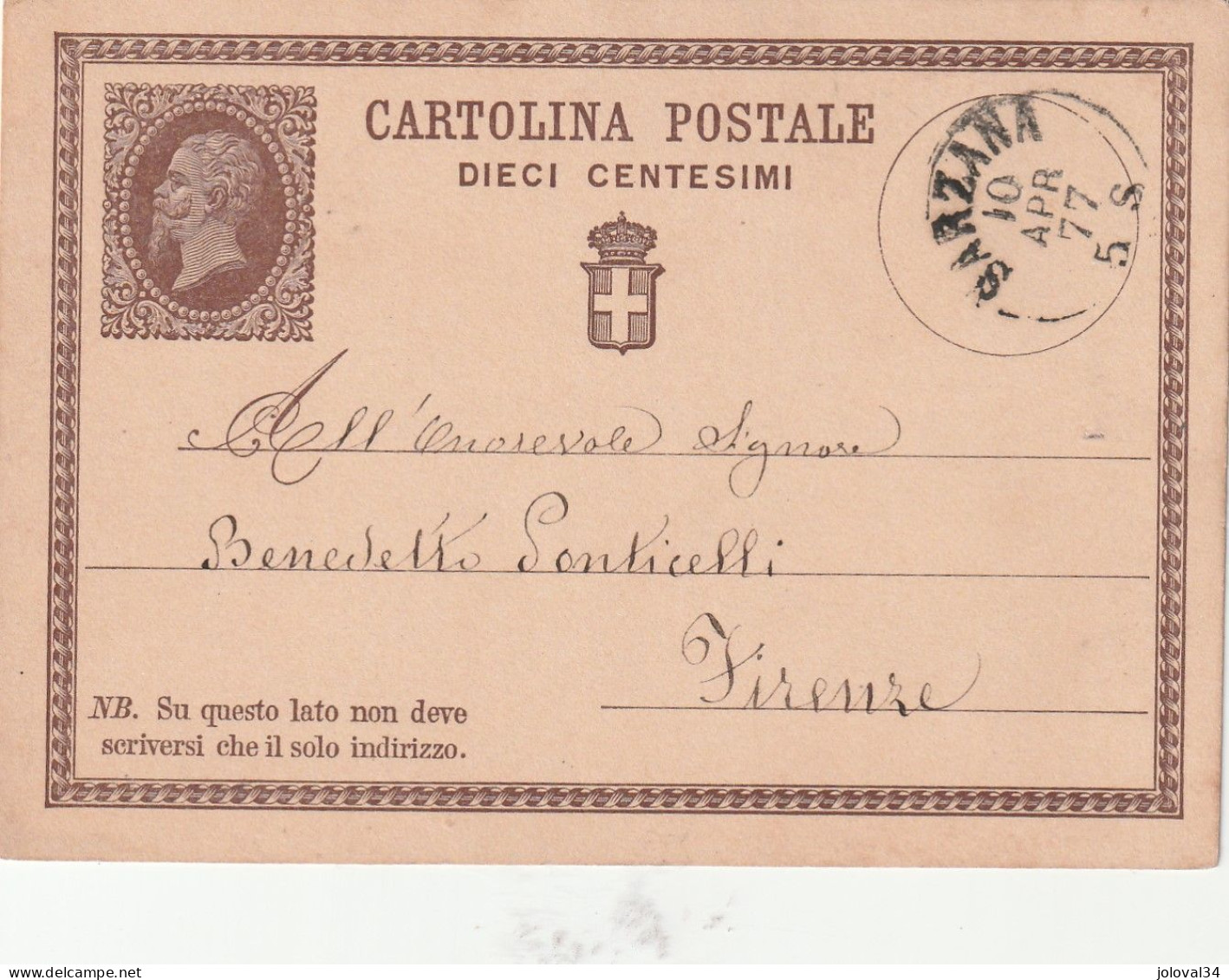 Italie Entier Postal SARZANA  10/4/1877  Pour Firenze - Stamped Stationery