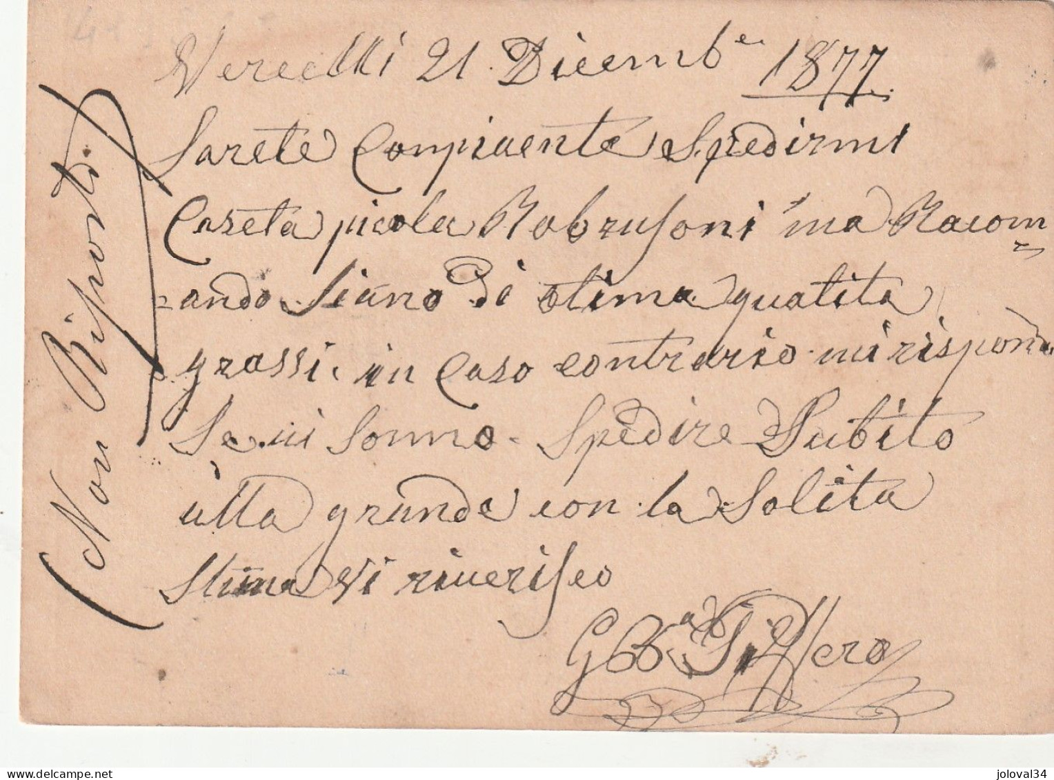 Italie Entier Postal VERCELLI 21/12/1877  Pour Torino - Interi Postali