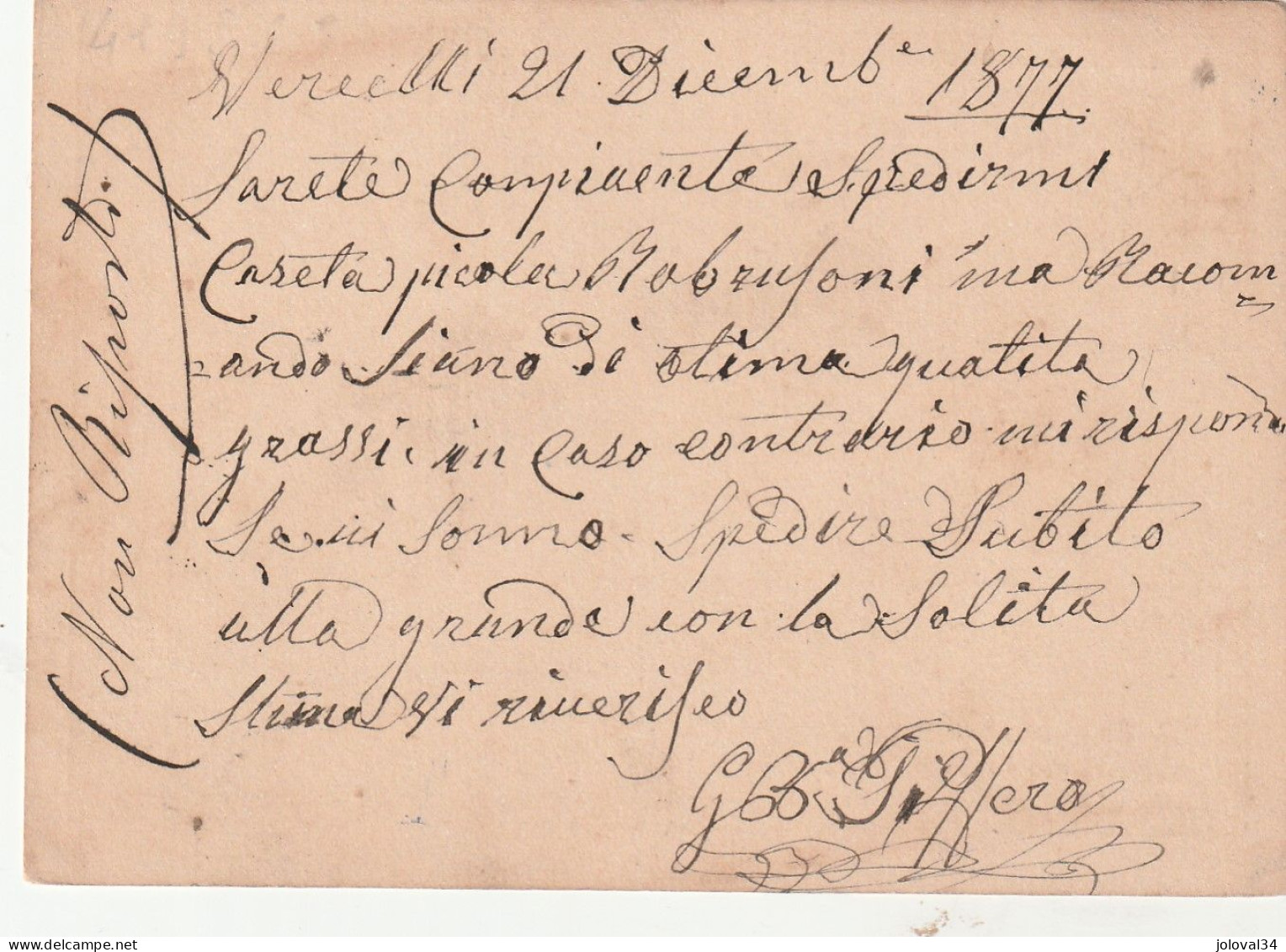 Italie Entier Postal VERCELLI 21/12/1877  Pour Torino - Ganzsachen