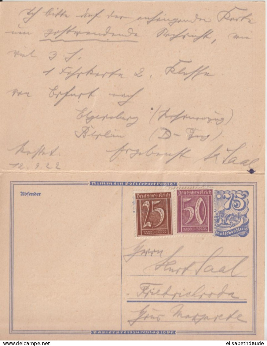 1922 - INFLA ! CP Avec REPONSE PAYEE COMPLETE ! De FRIEDRICHRODA => ERFURT - Briefkaarten