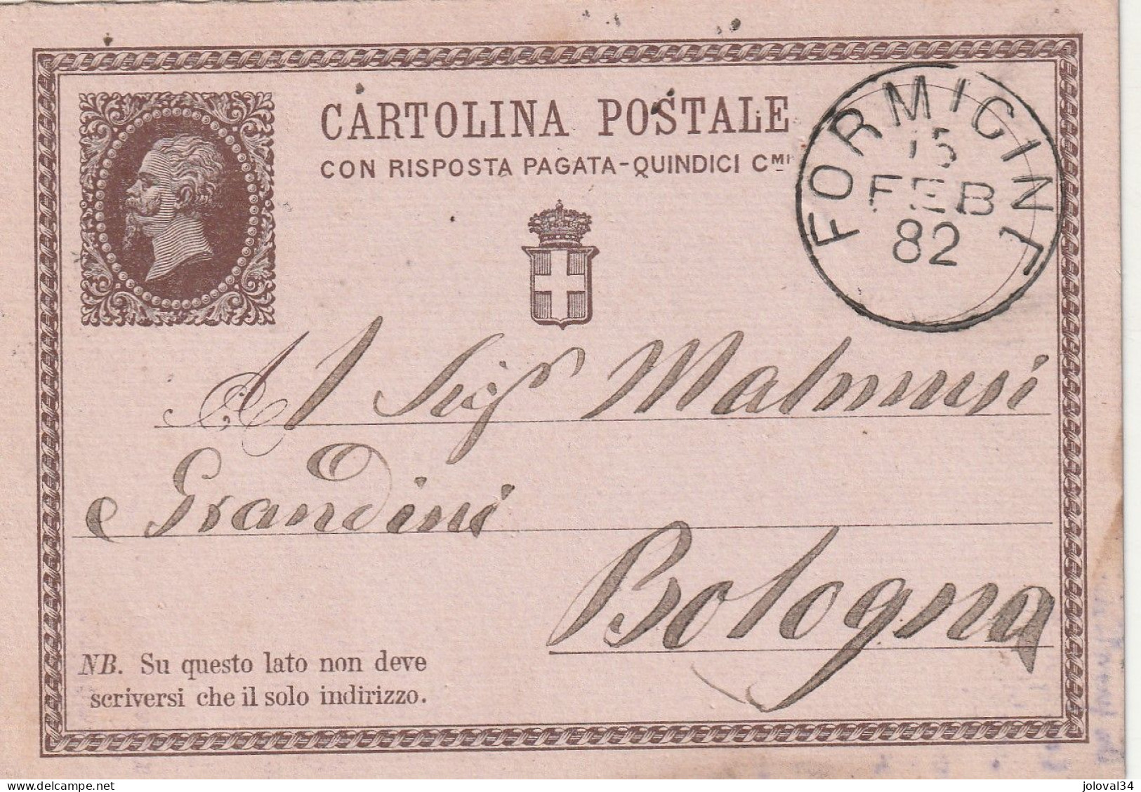 Italie Entier Postal FORMIGINE 15/2/1882 Pour Bologna - Postwaardestukken