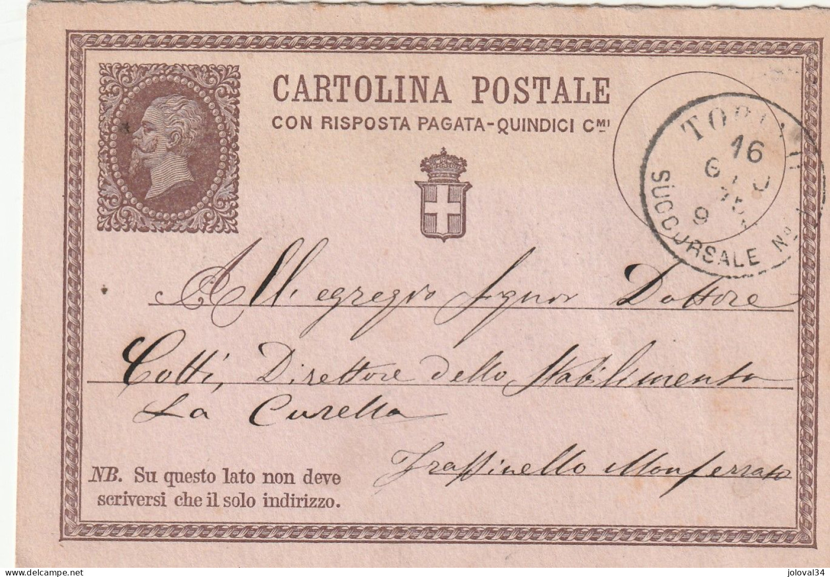 Italie Entier Postal TORINO Succursale 16/6/1878 Pour Frassinello - Entiers Postaux