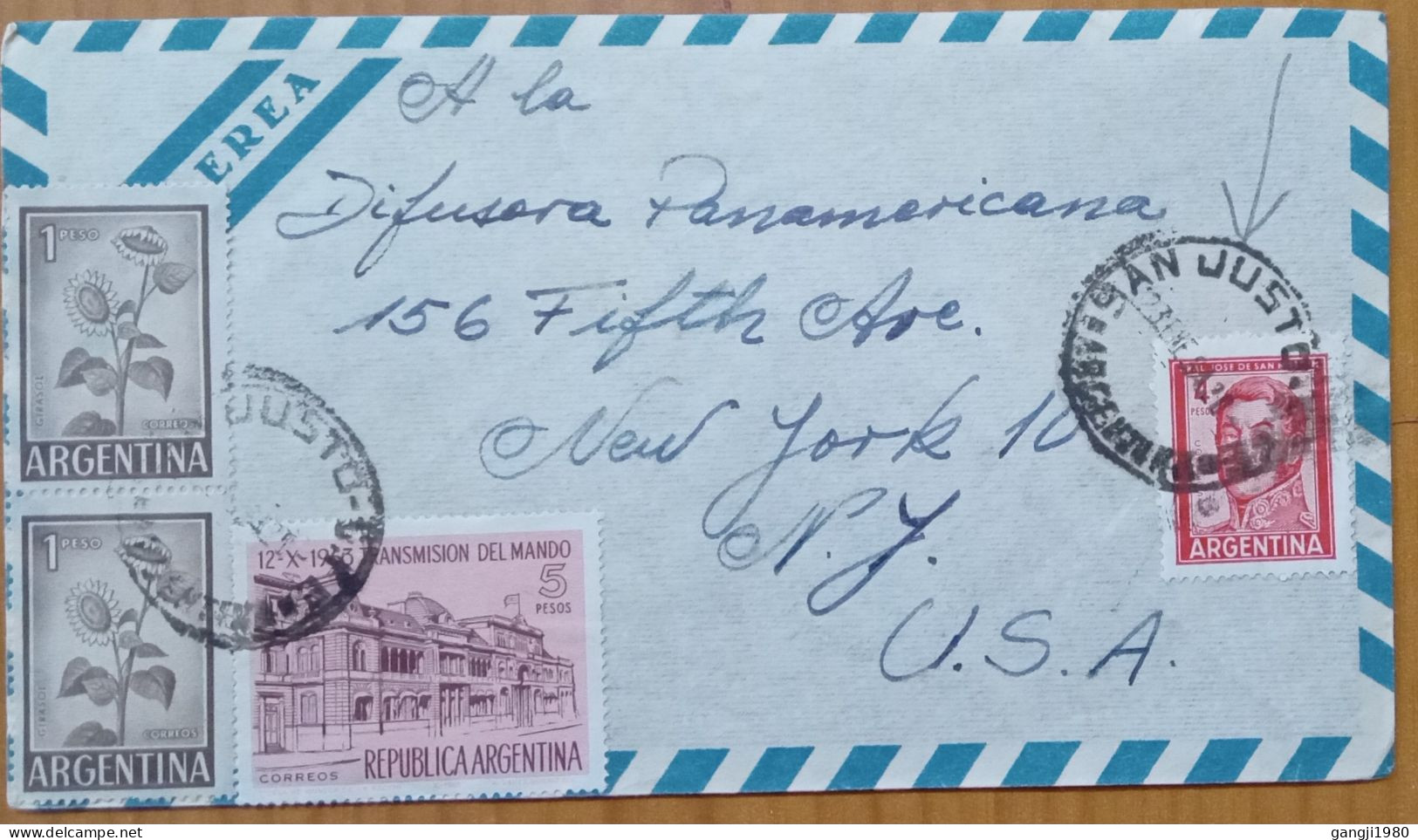 ARGENTINA 1964, COVER USED TO USA, 4 STAMP, SAN MARTIN,1963 GOVT. HOUSE BUILDING, SUNFLOWER PLANT, SAN JUSTO CITY CANCEL - Covers & Documents
