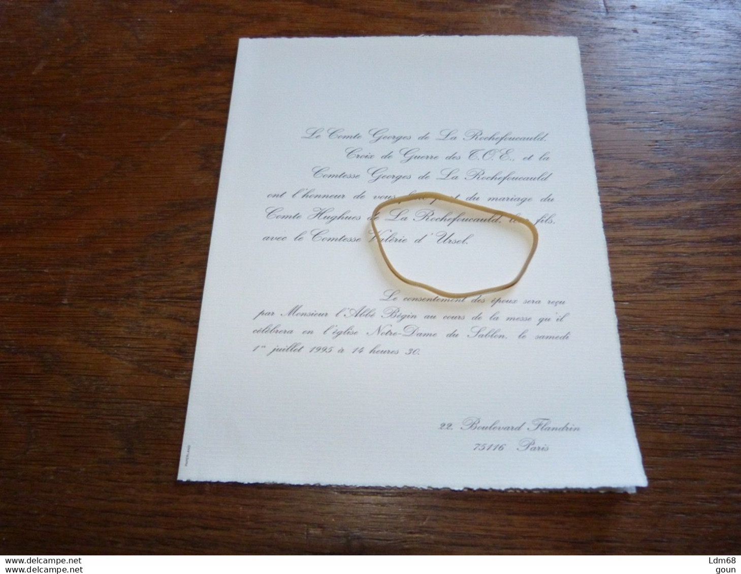 I9-1 Invitation Comte Hughes De La Rochefoucauld Comtesse Valérie D'Ursel  1995 Paris - Wedding