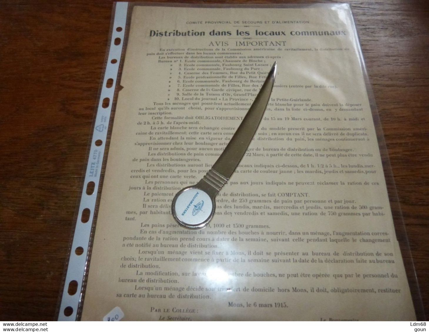 Document Militaria Mons 1915 Distribution Ravitaillement Temps De Guerre - 1914-18