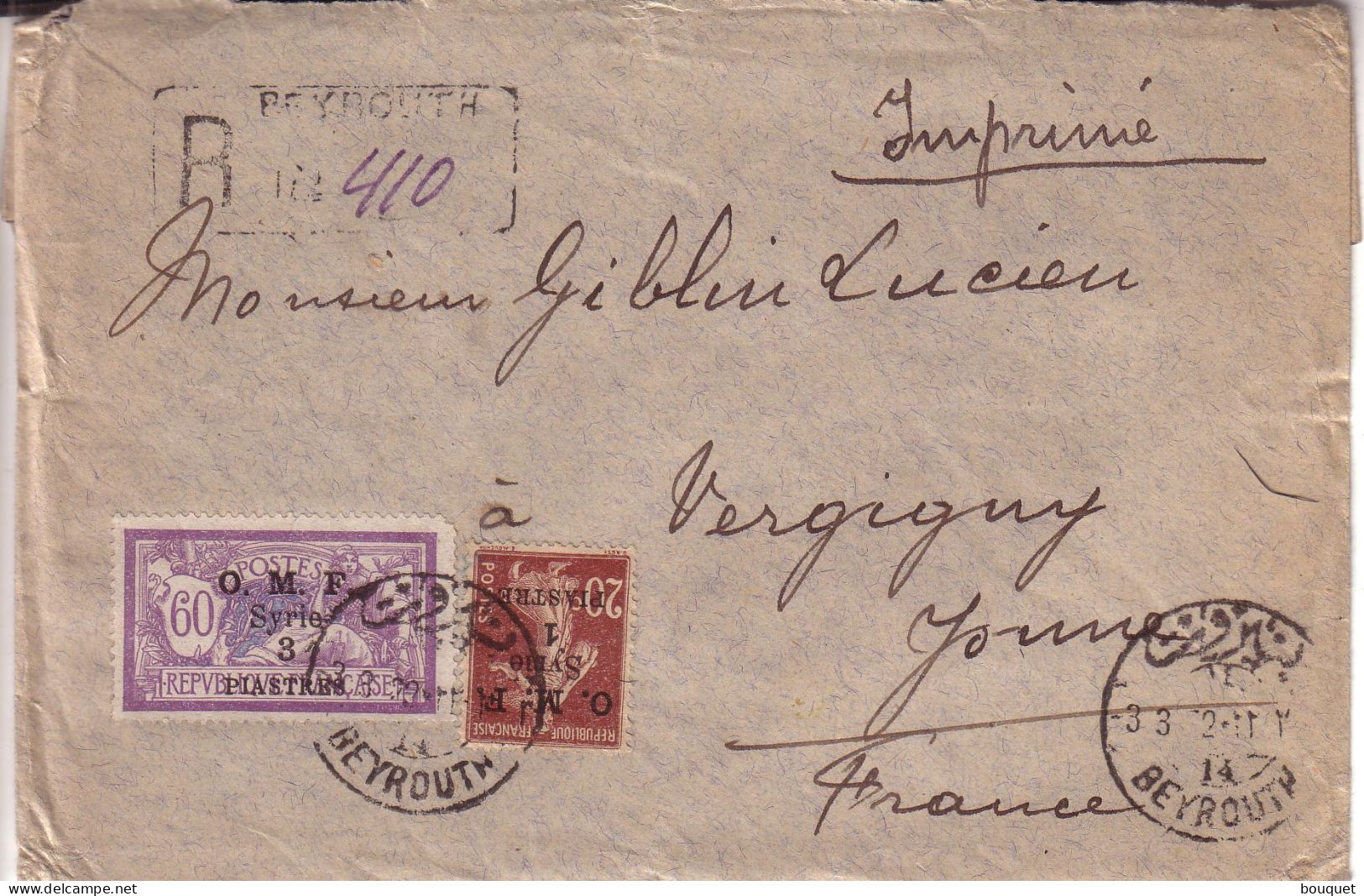 LIBAN , YONNE - LETTRE DE BEYROUTH POUR VERGIGNY , EN RECOMMANDE , TIMBRE AVEC SURCHAGE " O. M. F. SYRIE " - 1922 - Cartas & Documentos