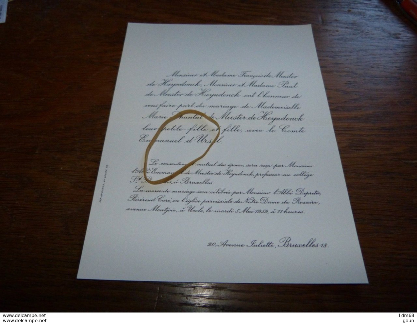 I8-11 Invitation  Marie-Chantal De Meester De Heyndonck Comte Emmanuel D'Ursel  1959 - Mariage