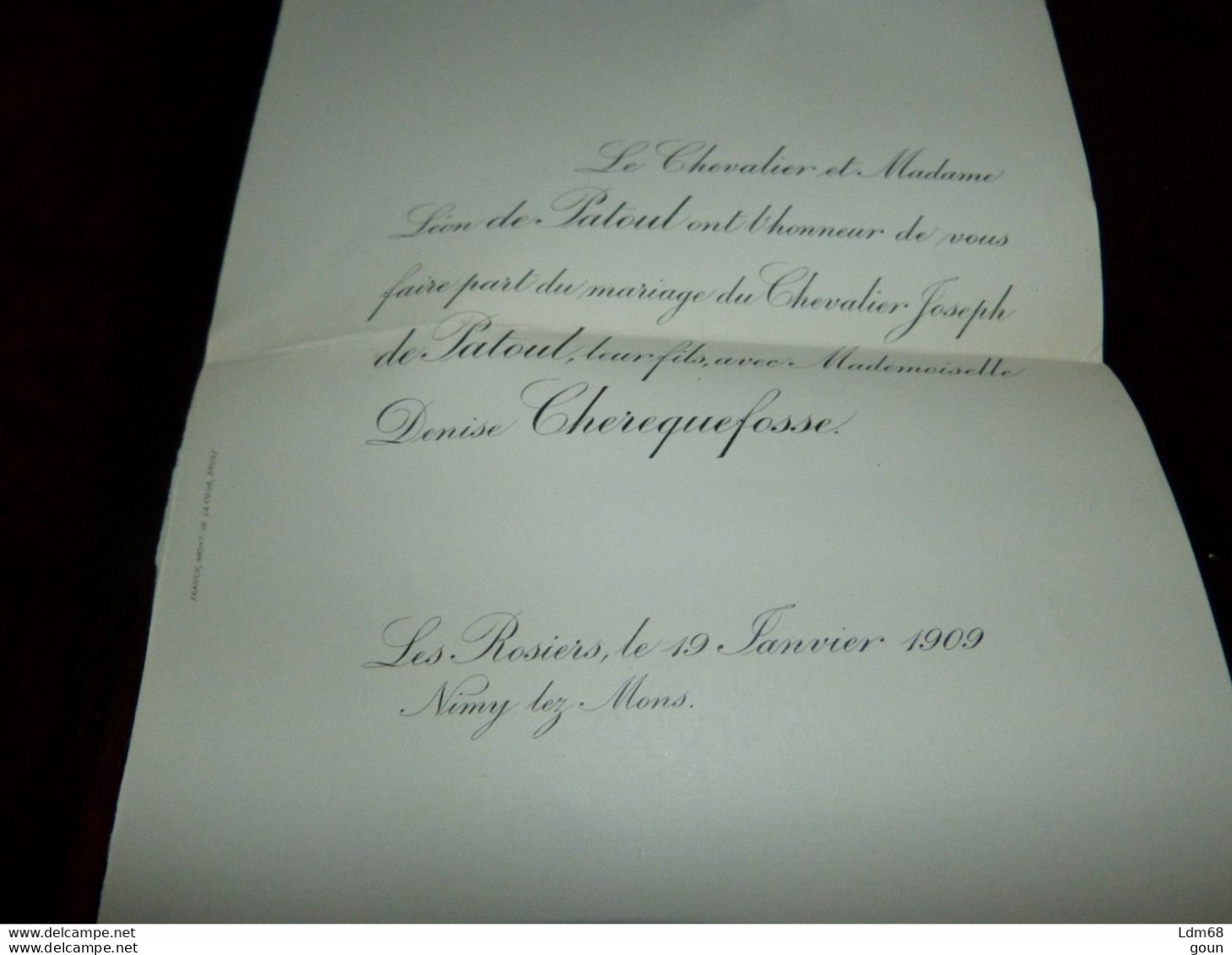Faire-part Mariage Noblesse Chevalier Joseph De Patoul / Denise Cherequefosse ?imy Lez Mons 1909 - Mariage