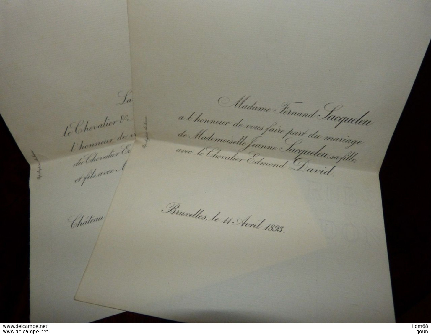 Faire-part Mariage Noblesse Jeanne Sacqueleu Chevalier Fille Douairière De Lossy Edmond David 1893 Chât.de Flawinne 1893 - Mariage