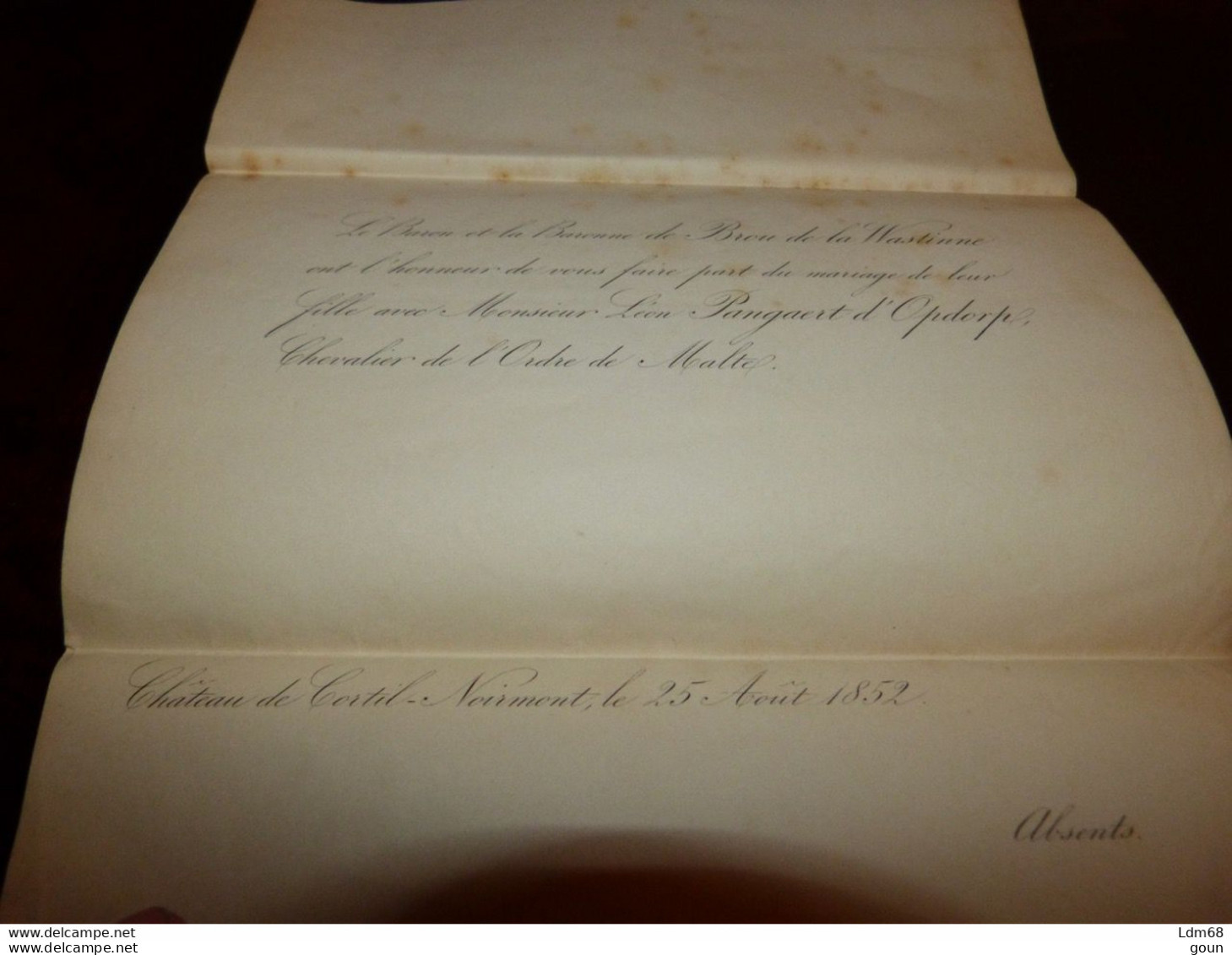 Faire-part Mariage Noblesse Fille Baron De La Wastinne / Léon Pangaert D'Opdorp Chat. De Cortil-Noirmont 1852 - Mariage