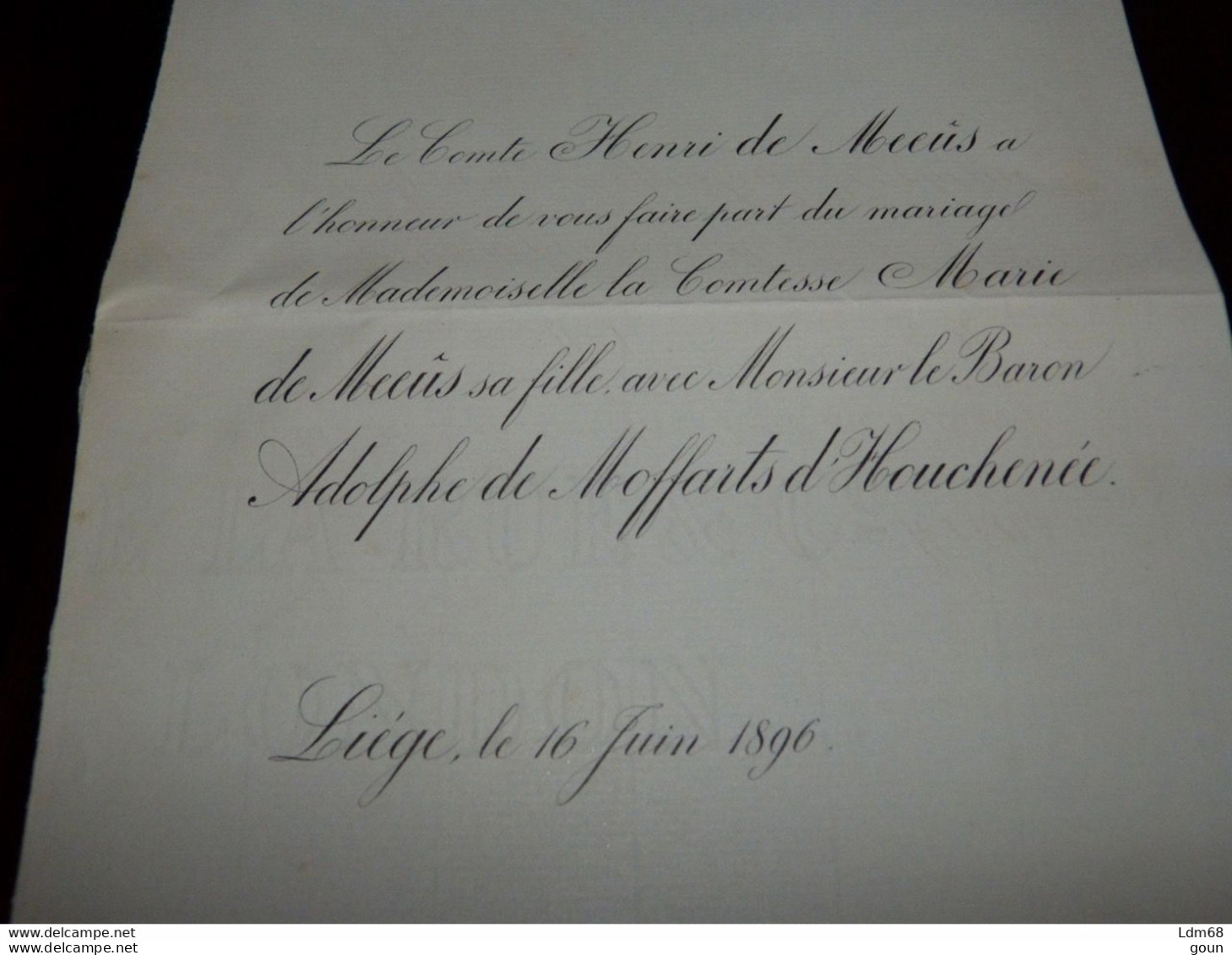 Faire-part Mariage Noblesse Comtesse Marie De Meeûs / Baron Adolphe De Moffarts D(Houchenée Liège 1896 - Mariage