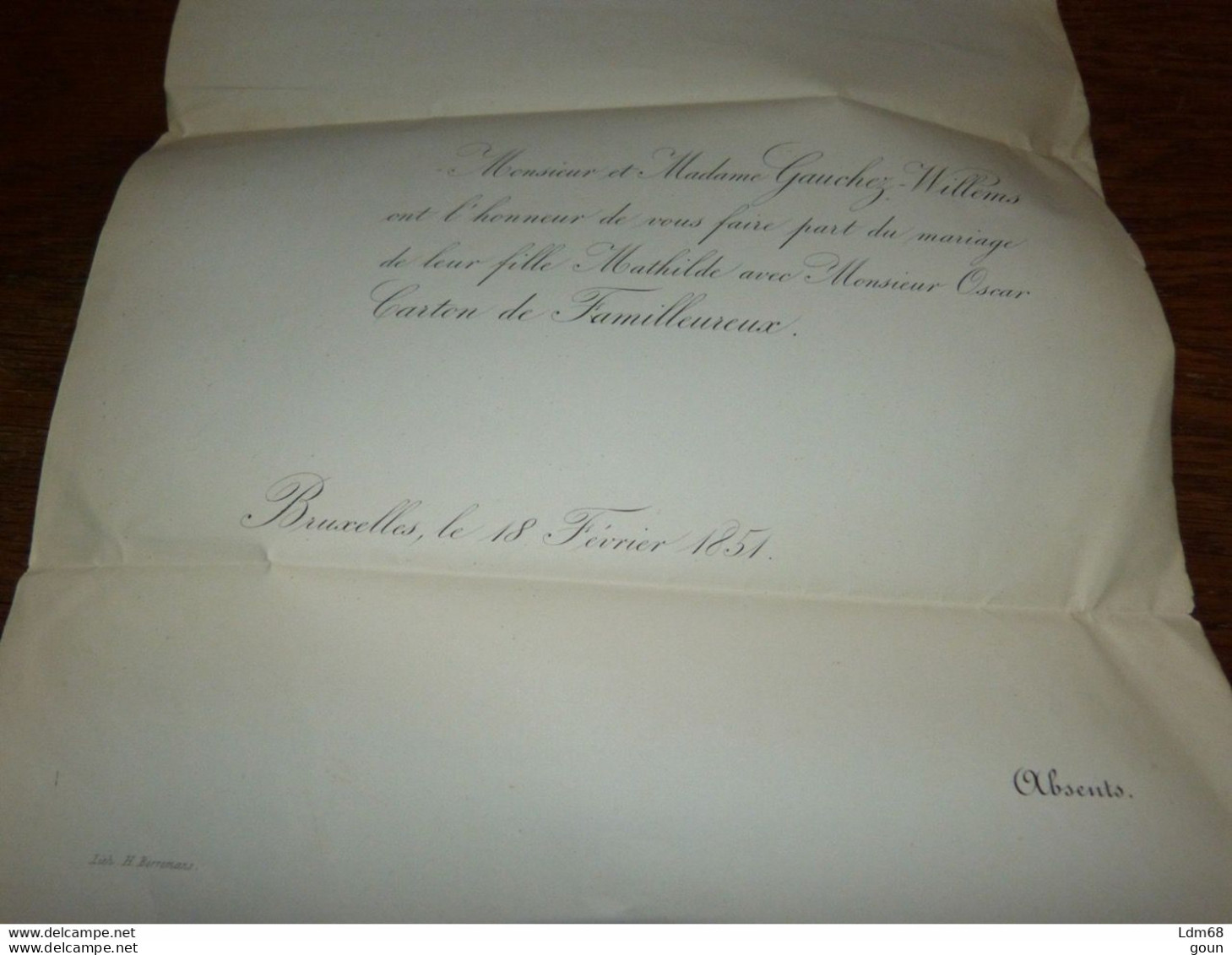 I23 Invitation Mariage  Mathilde Gauchez Willems Oscar Carton De Familleureux Bxl 1851 - Mariage