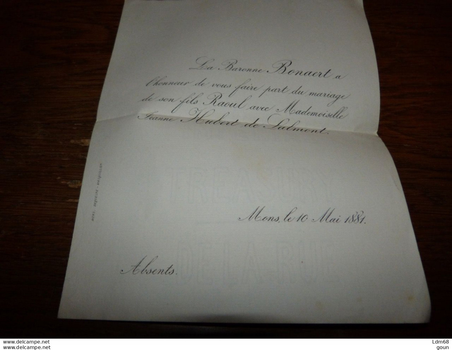 I23 Invitation Mariage Raoul Bonaert Jeanne Hubert De Salmont Mons 1881 - Mariage