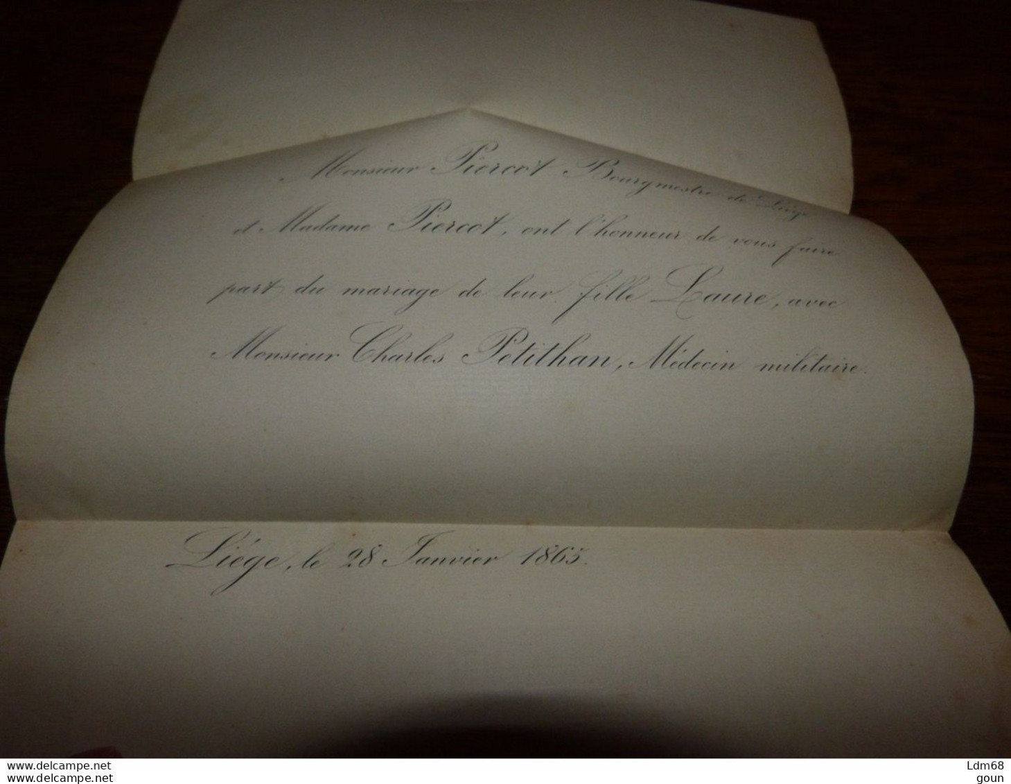 I23 Invitation Mariage Laure Piercot Fille Bourgmestre De Liège / Charles Petithan 1865 - Mariage