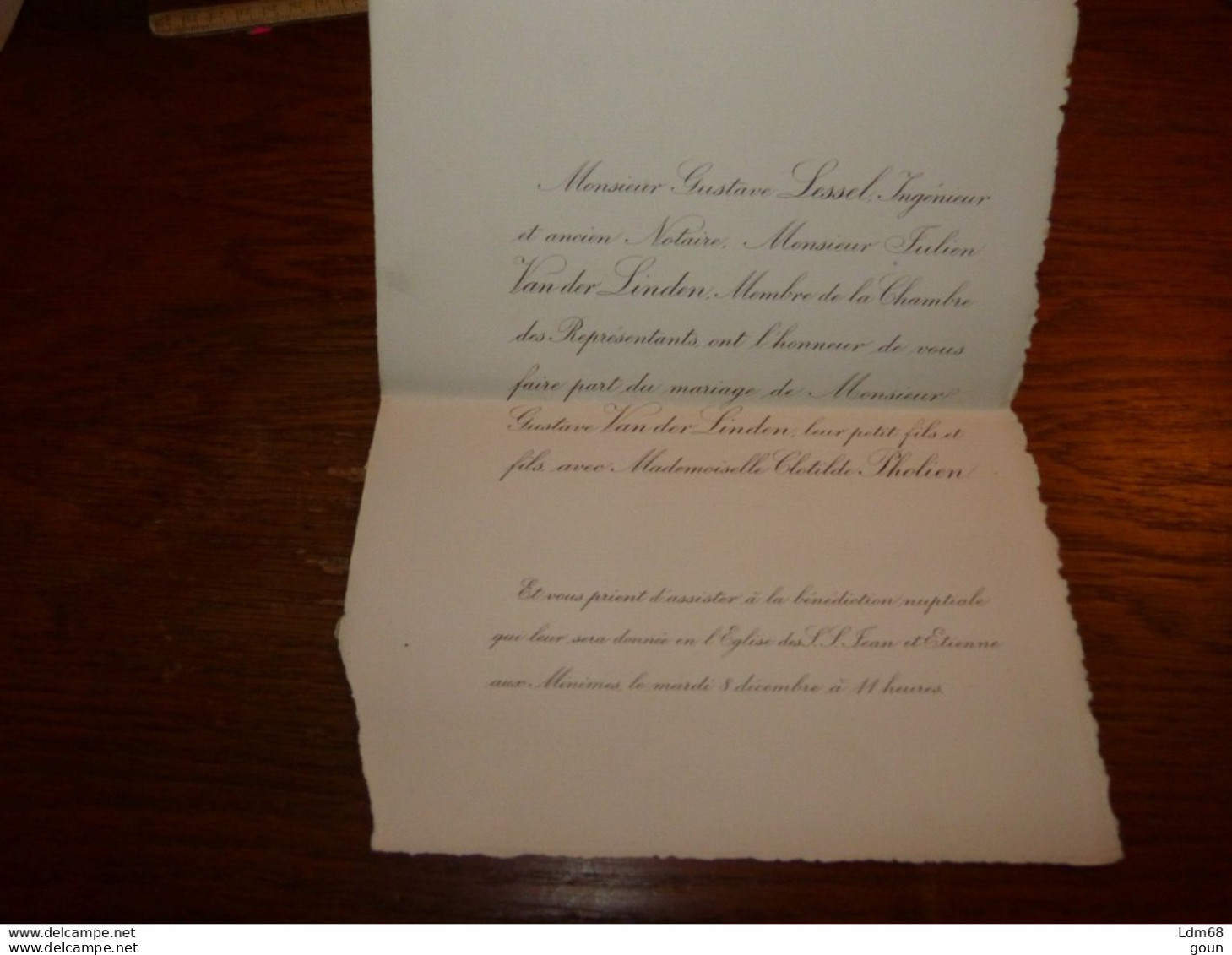 I23 Invitation Mariage Gustave Van Der Linden Clotilde Pholien - Mariage