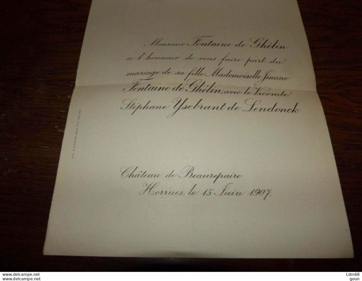 I23 Invitation Mariage Jeanne Fontaine DeGhélin Vicomte Stéphane Ysebrant De Lendonck Chat. De Beaurepaire Horrues 1907 - Mariage