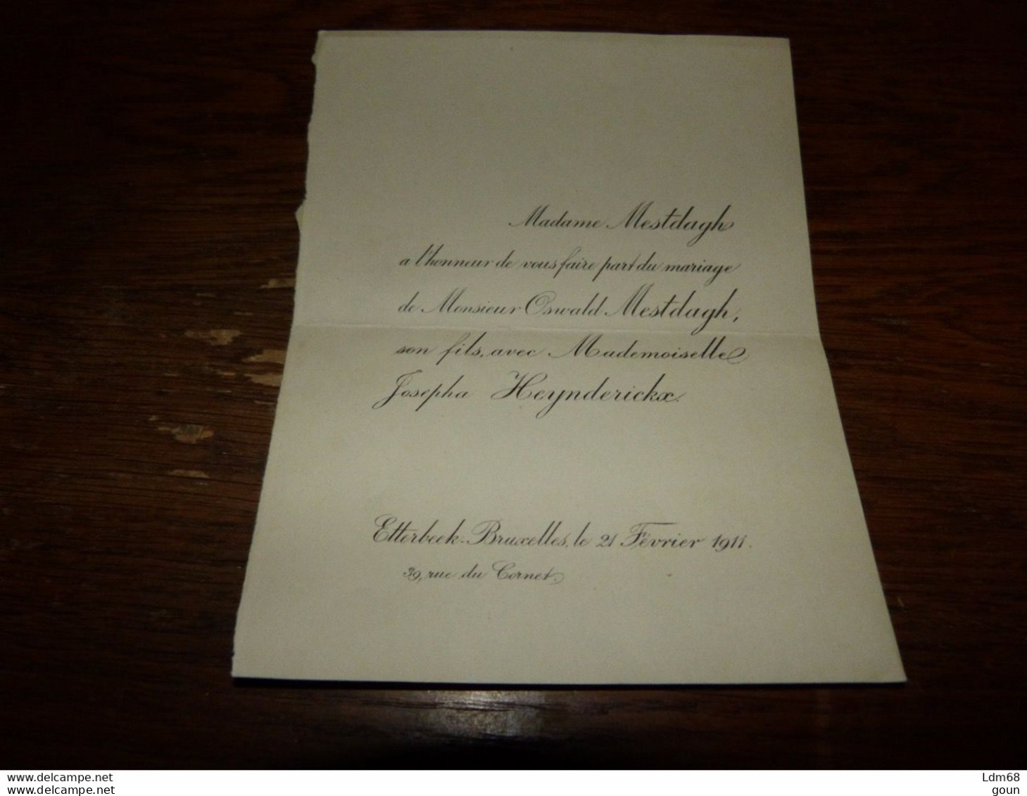 I23 Invitation Mariage Oswald Mestdagh Josepha Heynderickx Etterbeek 1911 - Mariage