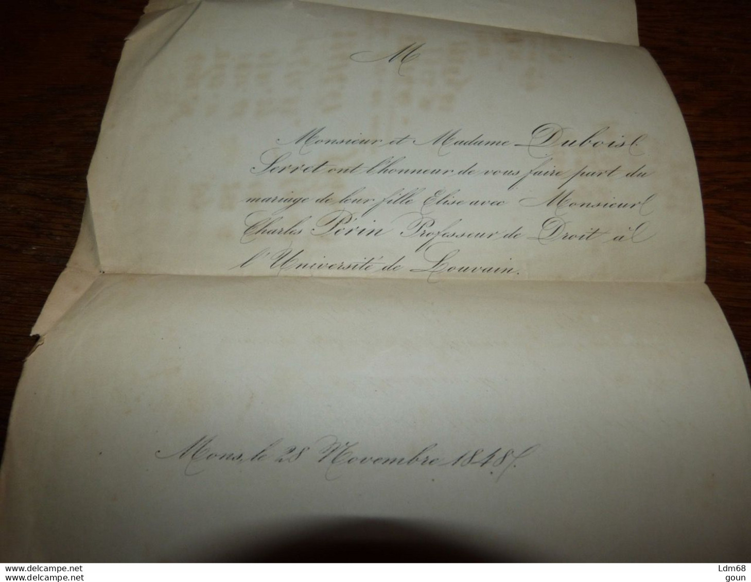 I22 Invitation Mariage Elise Dubois Serret Charles Périn Prof. De Droit Université De Louvain Mons 1848 - Mariage