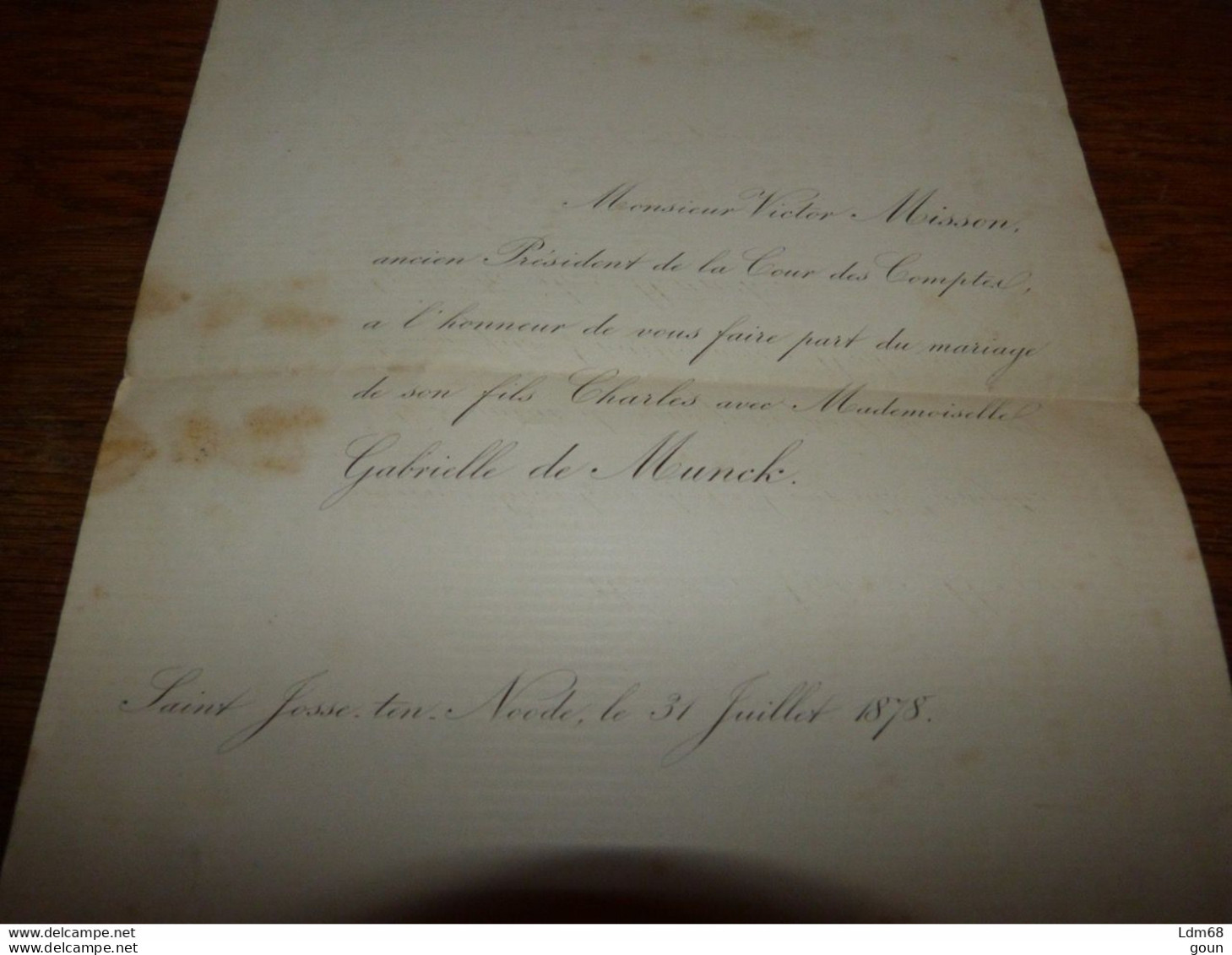 I22 Invitation Mariage Charles Misson Melle Gabrielle De Munck Saint-Josse-ten-Noode 1878 - Mariage