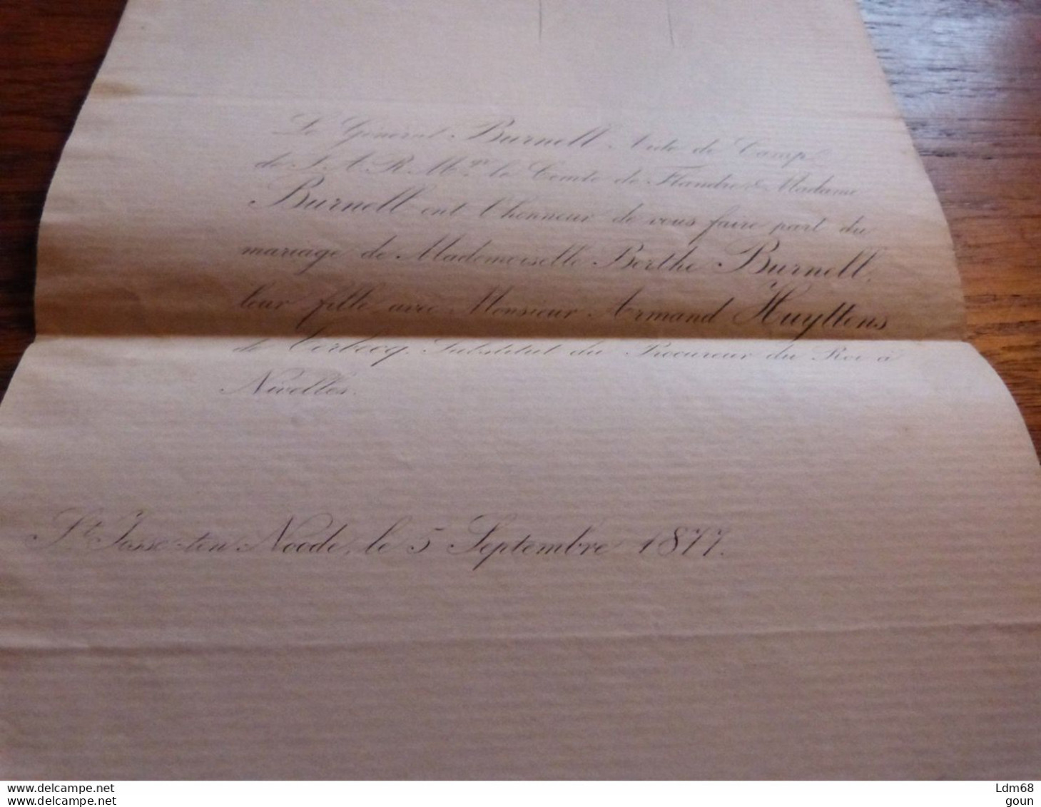 I35 Invitation Mariage Berthe Burnell Armand Huyttens De Terbecq Sub. Proc Du Roi Nivelles - 1877 - Mariage
