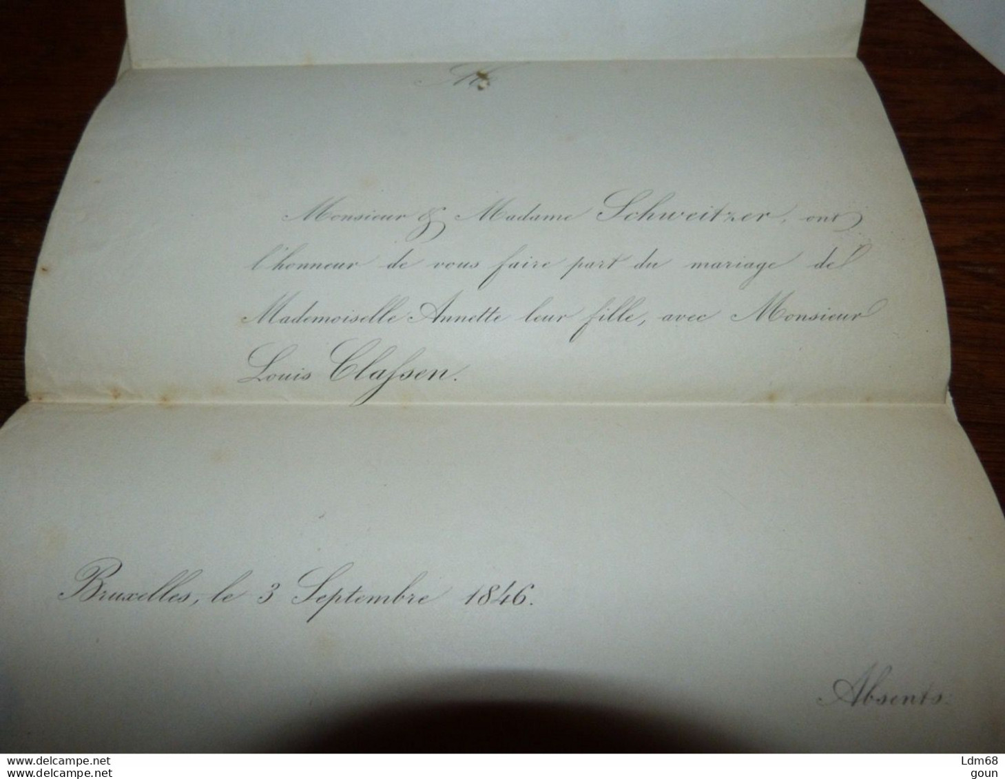 I22 Invitation Mariage Annette Schweitzer Louis Classen Bxl 1846 - Mariage