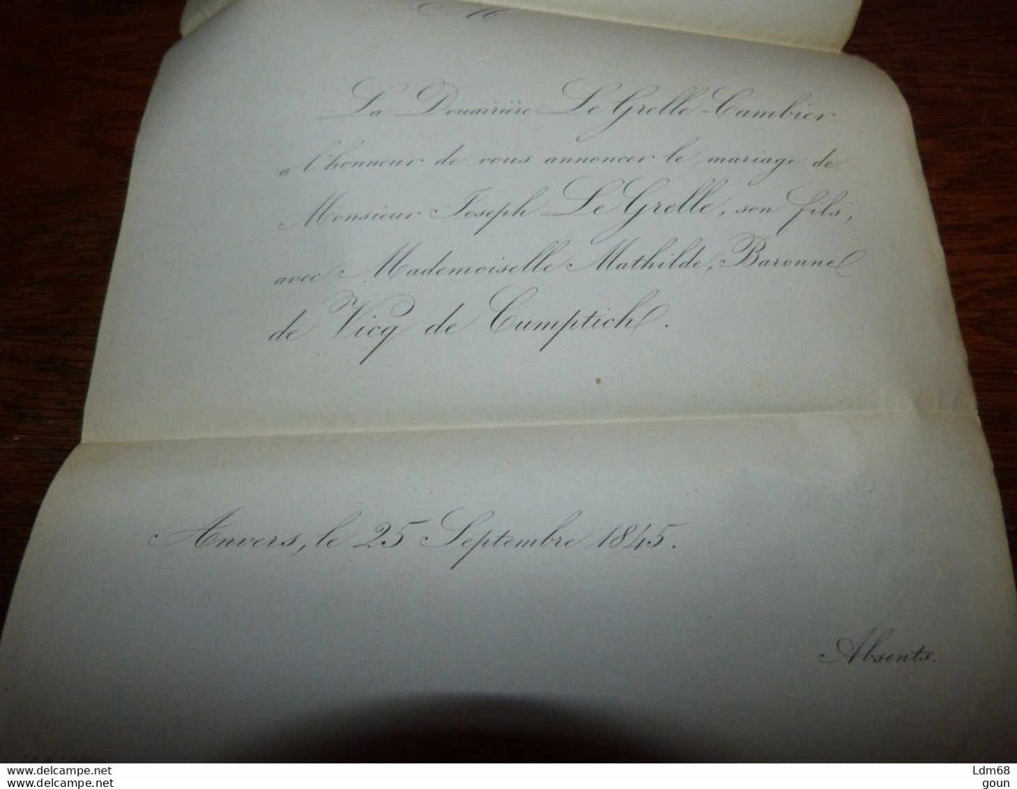 I22 Invitation Mariage Joseph Le Grelle Mathilde Baronne De Vicq De Cumptich Anvers 1845 - Mariage