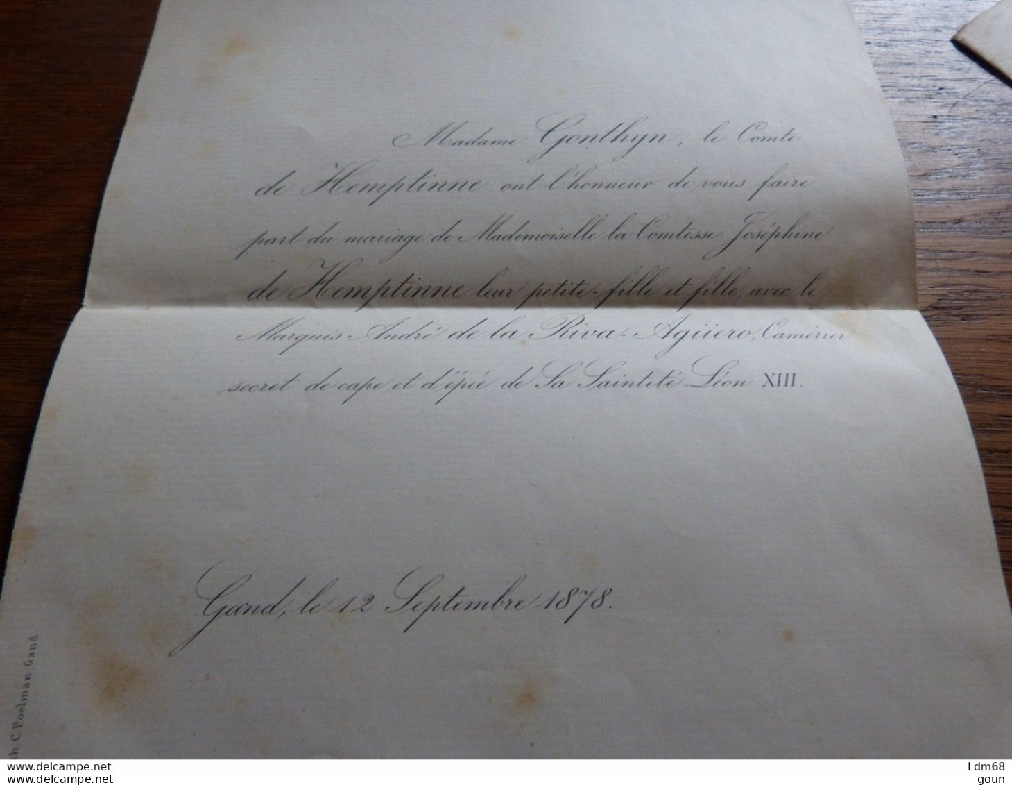 I36  Invitation Mariage Comtesse Joséphine De Hemptinne  Marquis André De La Riva Agüero 1878 Gand - Mariage