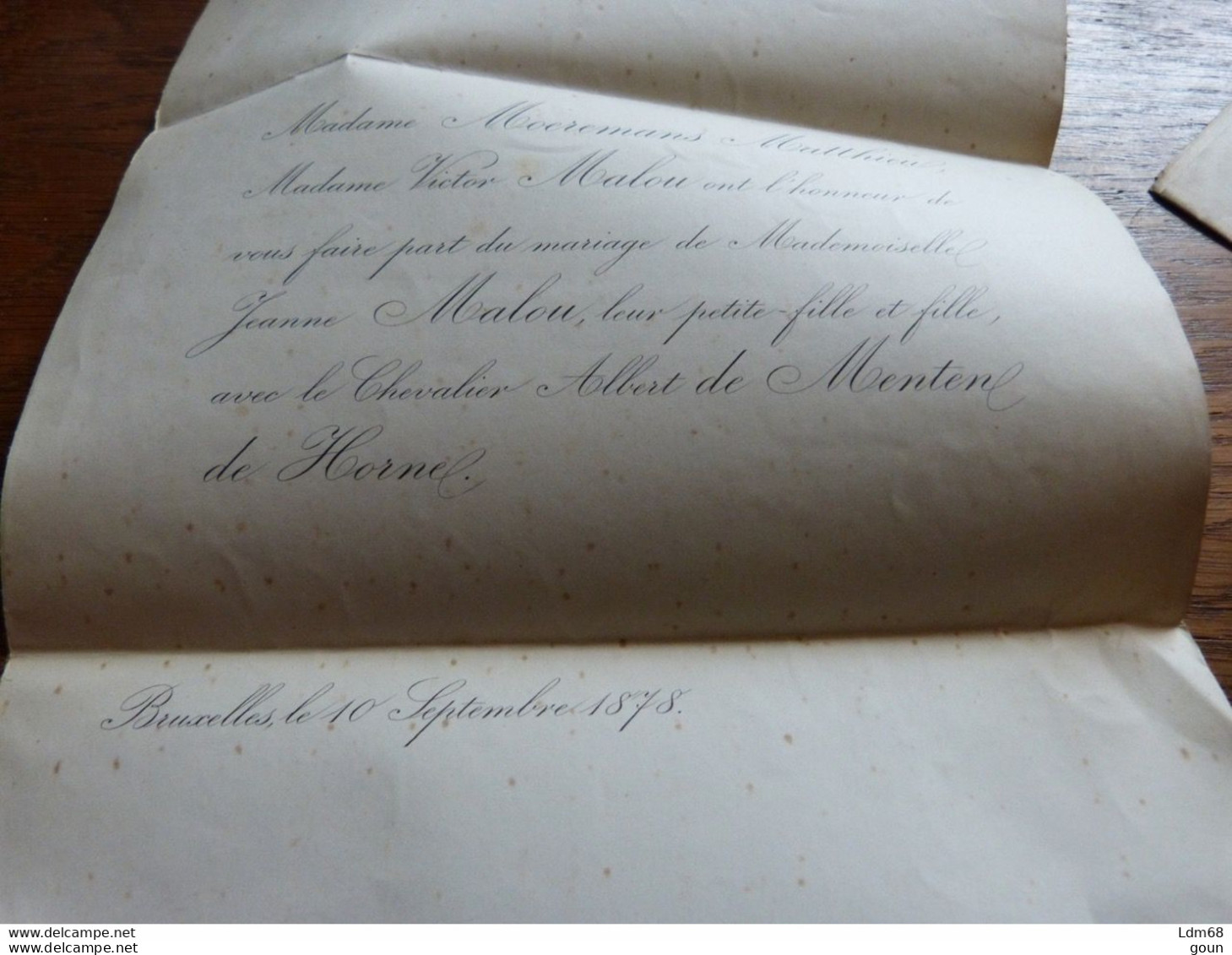 I36  Invitation Mariage Jeanne Malou Chevalier Albert De Menten De Horne  Ch. De Horne 1878 - Mariage