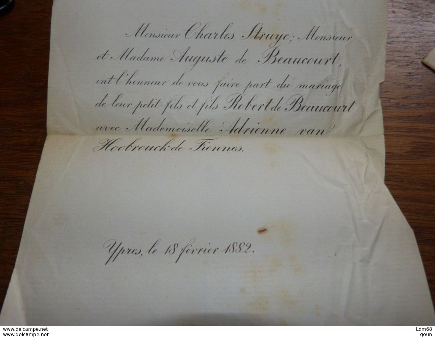 I36  Invitation Mariage Robert De Beaucourt Adrienne Van Hoobrouck De Fiennes Ypres 1882 - Mariage