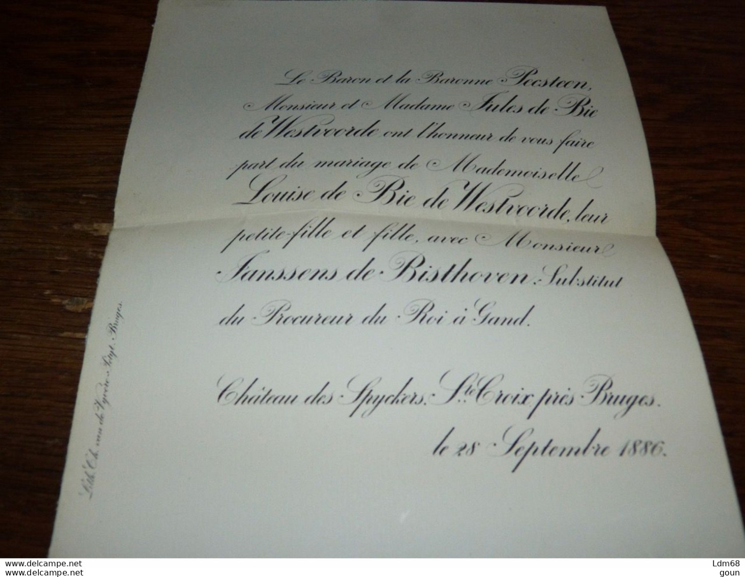 I21 Invitation Mariage Louise De Bie De Westvoorde M Janssens De Bisthoven Chat. Des Spycker 1886 - Mariage