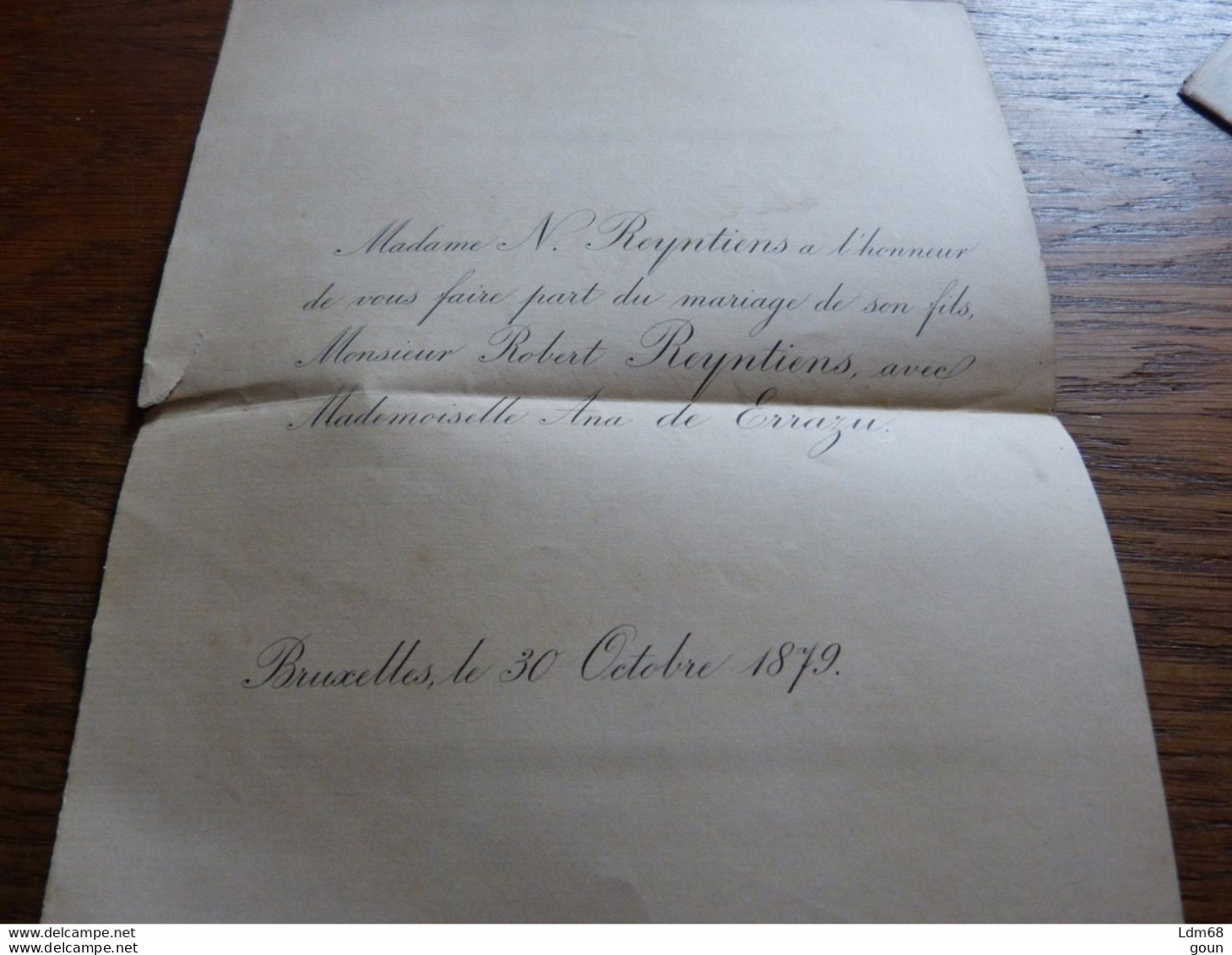 I36  Invitation Mariage Robert Reyntiens Ana De Erraza 1879 - Mariage