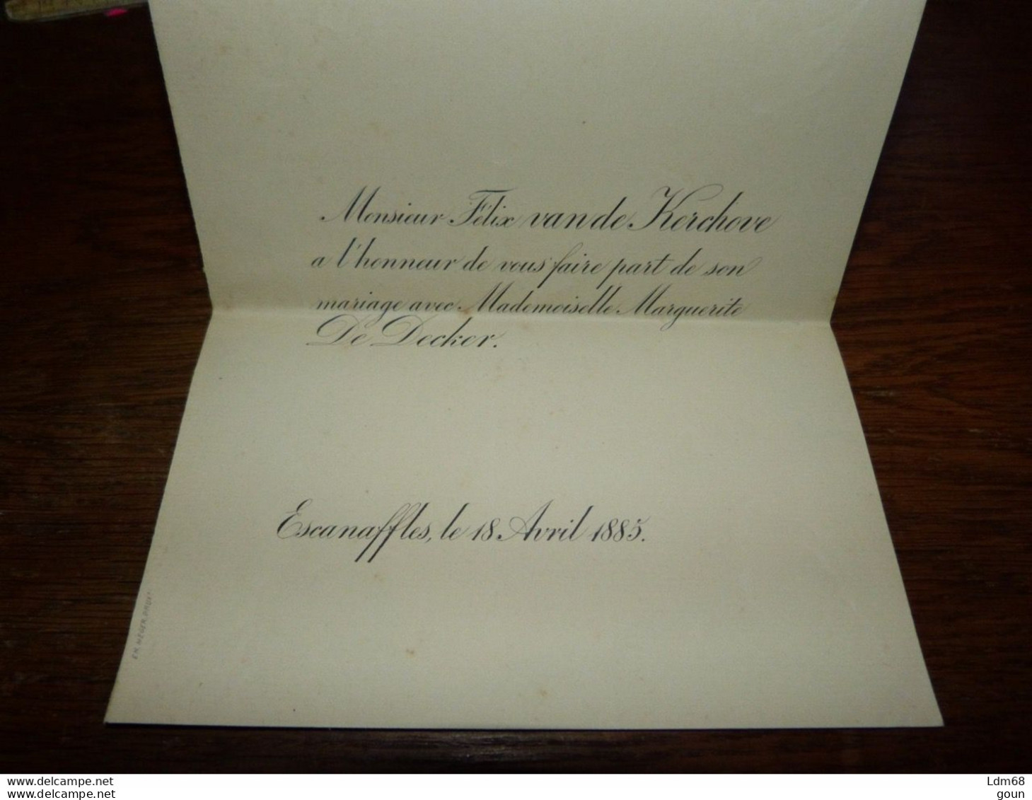 I21 Invitation Mariage Félix Van De Kerchove Marguerite De Decker Escanaffles 1885 - Mariage