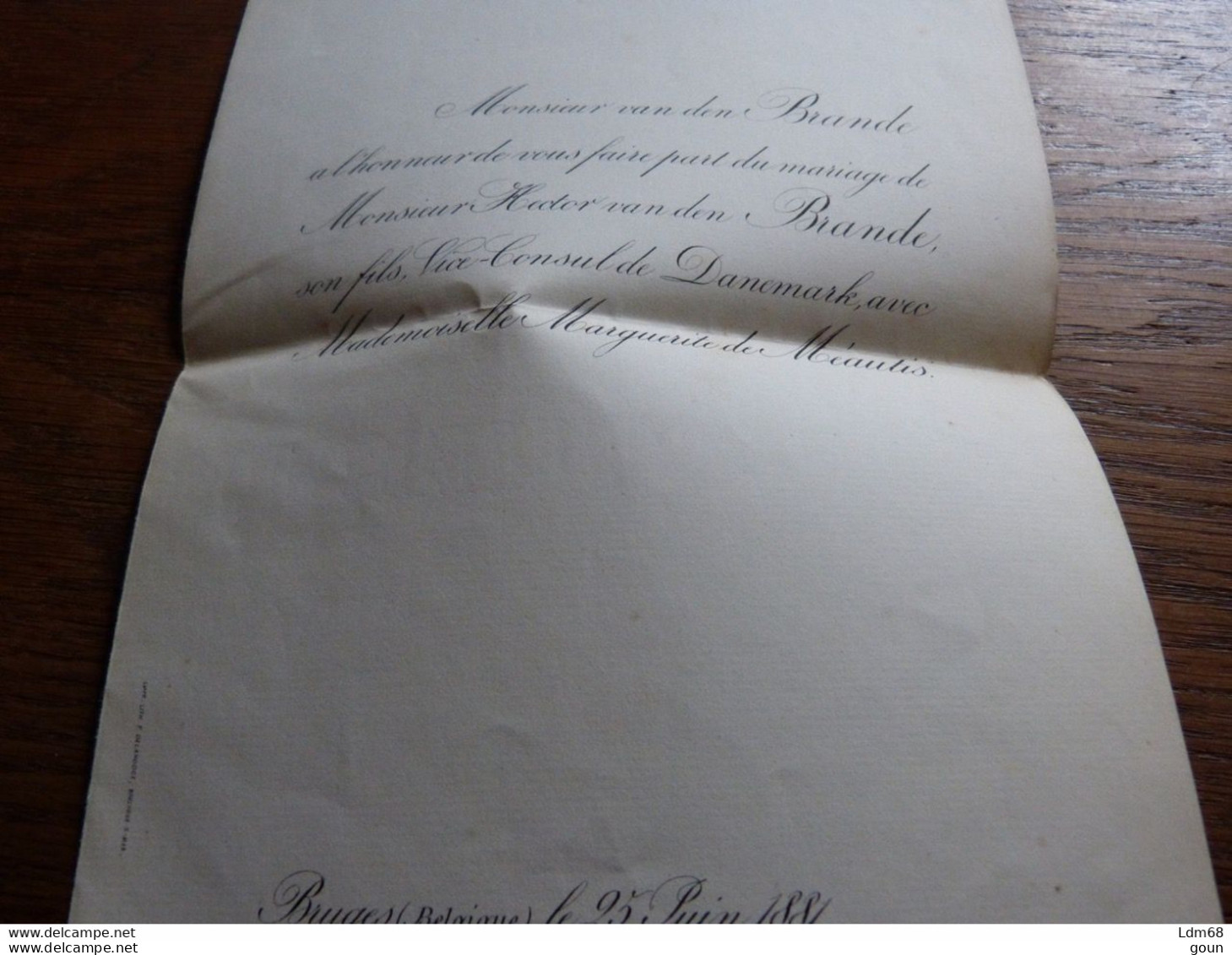 I36  Invitation Mariage Hector Van Den Brande Marguerite De Méautis 1881 Bruges - Mariage