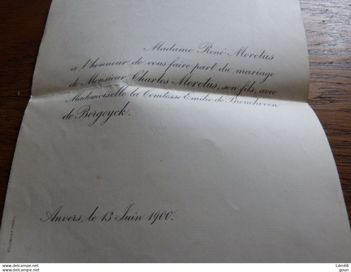 I36  Invitation Mariage Charles Moertus Comtesse Emilie De Brouchoven De Bergeyck 1900 - Mariage