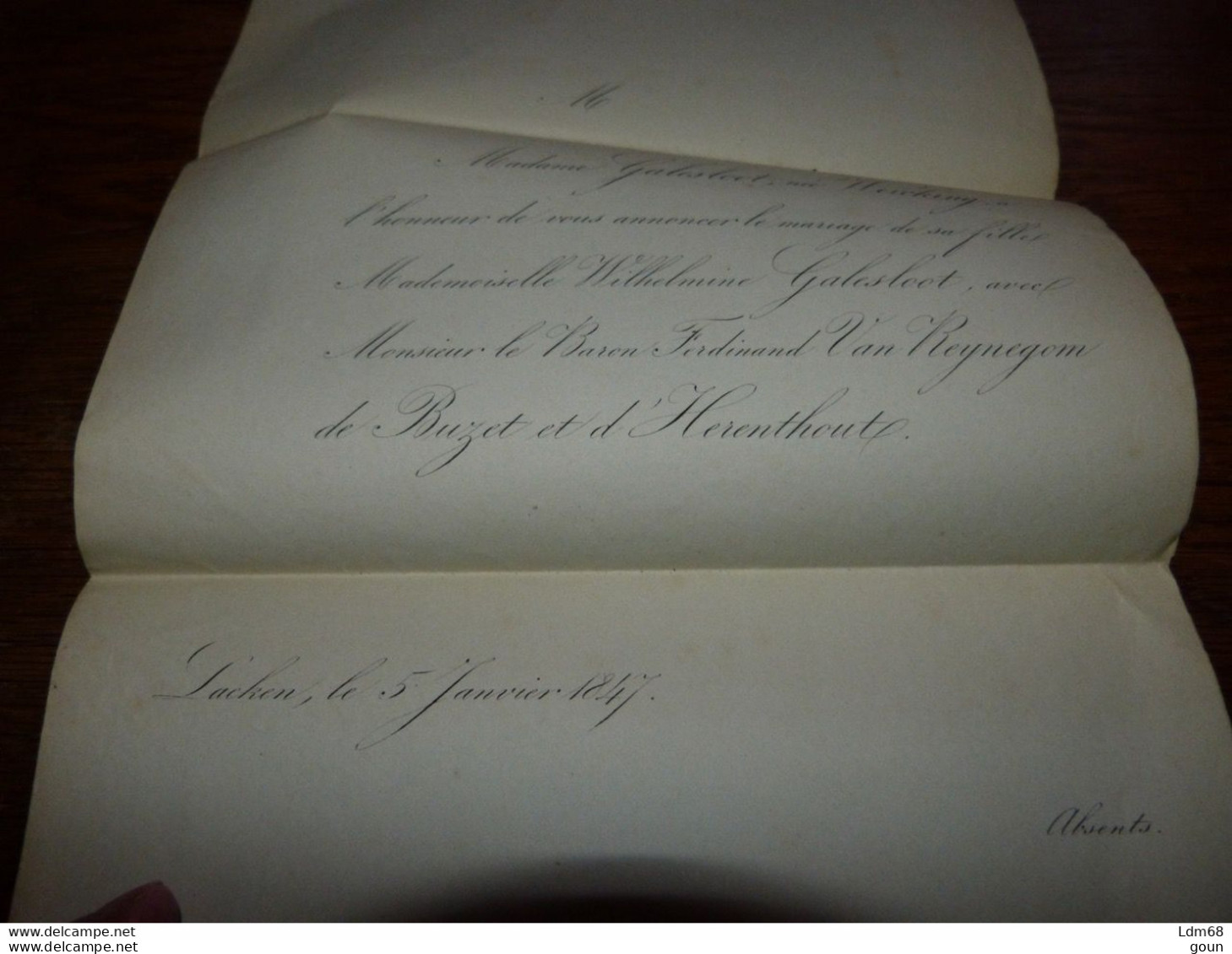 I21 Invitation Mariage  Wilhelmine Galesloot Baron Ferdinand Van Reynegom De Buzet Et D'Herenthout Laeken 1847 - Mariage