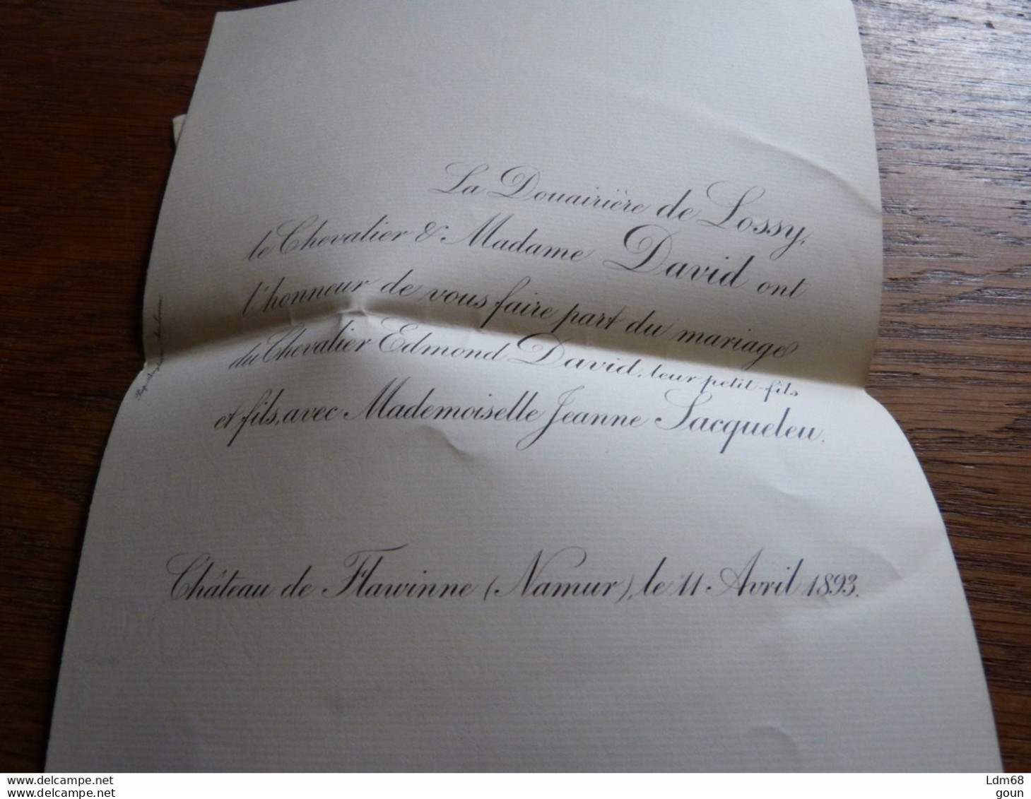 I36  Invitation Mariage Chevalier Edmond David Jeanne Sacqueleu Chateau De Flawinne Namur 1893 Douairiere De Lossy - Mariage