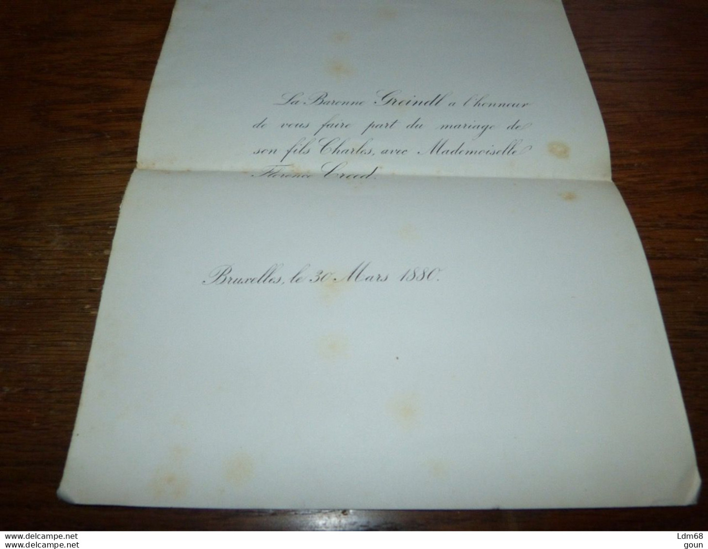 I20 Invitation Mariage Charles Greindl Florence Creed Bxl 1880 - Mariage