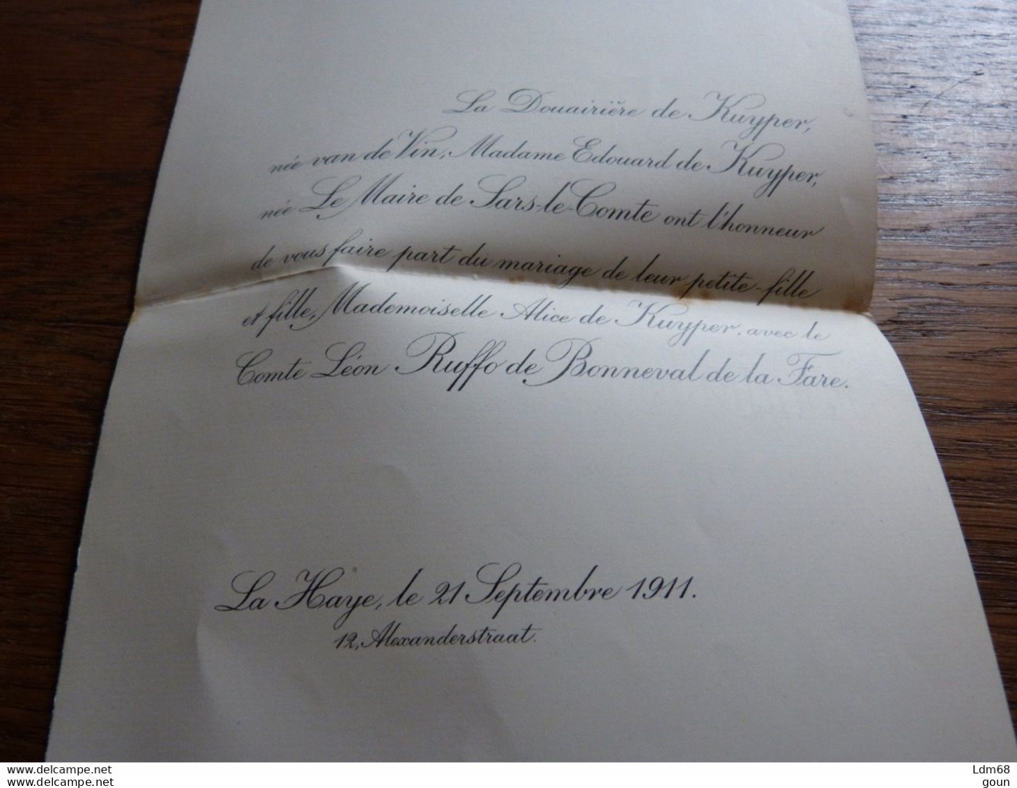 I36  Invitation Mariage Alix De Kuyper Comte Léon Ruffo De Bonneval De La Fare  1911 La Haye - Mariage