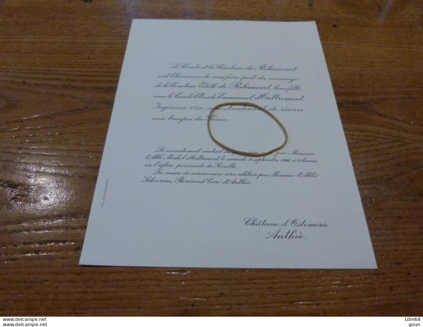 I17-10 Invitation Comtesse Edith De Ribaucourt Comte Claude D'Oultremont Chateau Ostemerée Anthée - Mariage